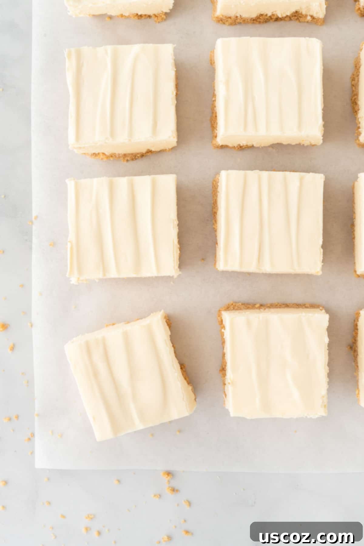 Creamy No-Bake Cheesecake Bliss 3 square no bake cheesecake bars arranged on a platter