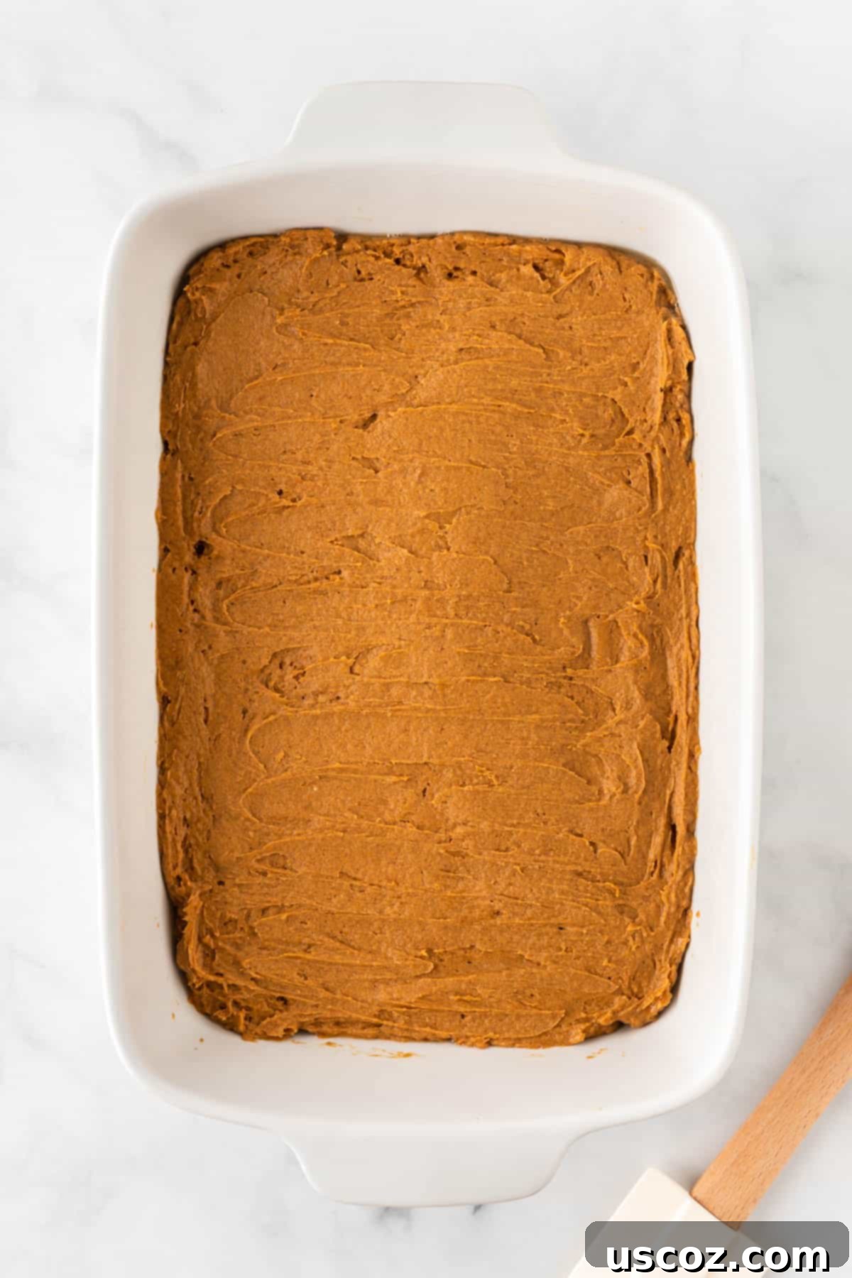 Easy Cake Mix Pumpkin Bars 7 pumpkin batter evenly spread out in a 9x13 baking dish, ready for the oven