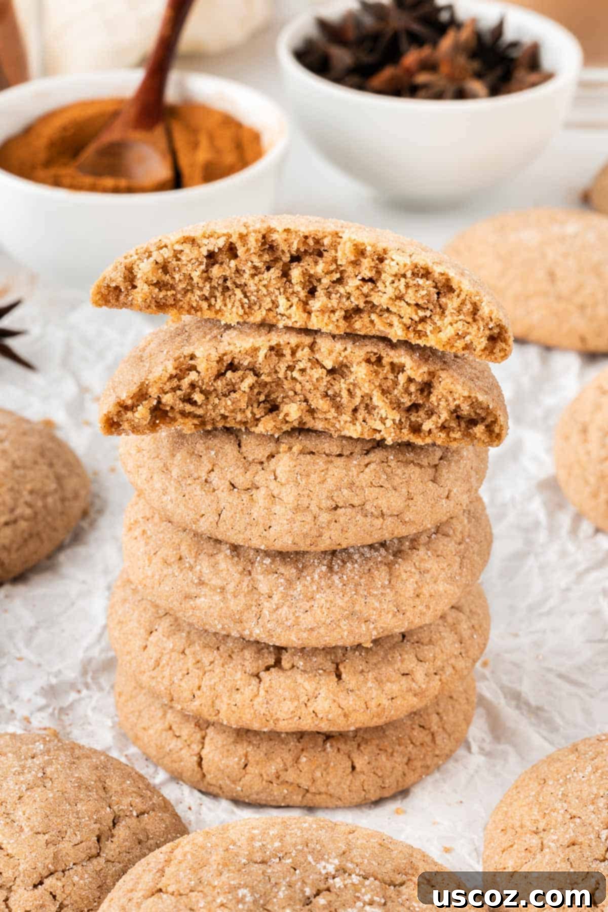 Quick Cake Mix Spice Cookies 11 A stack of golden brown cake mix spice cookies on a plate, with a background of autumn leaves, perfect for fall and winter.