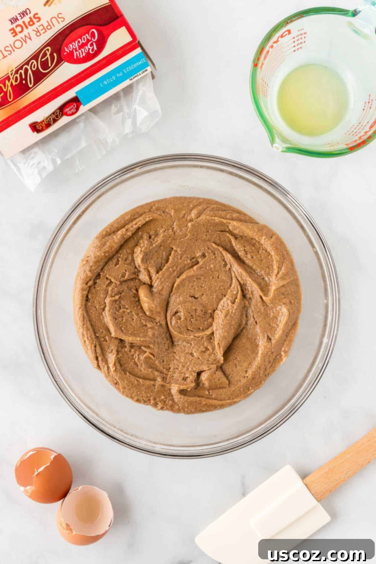 Quick Cake Mix Spice Cookies 7 Thick, sticky spice cookie batter in a glass mixing bowl after all ingredients have been combined.