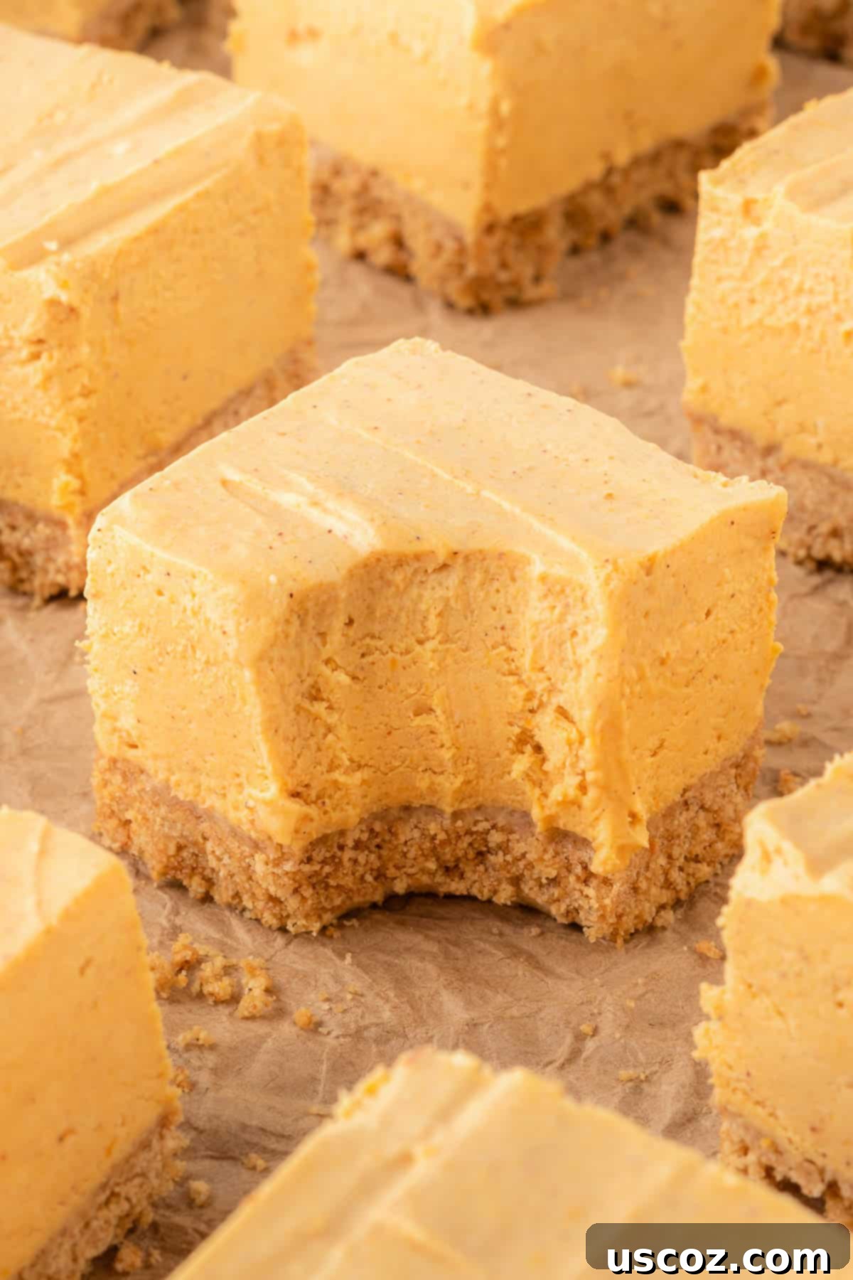 Easy No-Bake Pumpkin Cheesecake Bars 2 no bake pumpkin cheesecake bar with a bite taken out, showcasing the creamy pumpkin filling and graham cracker crust