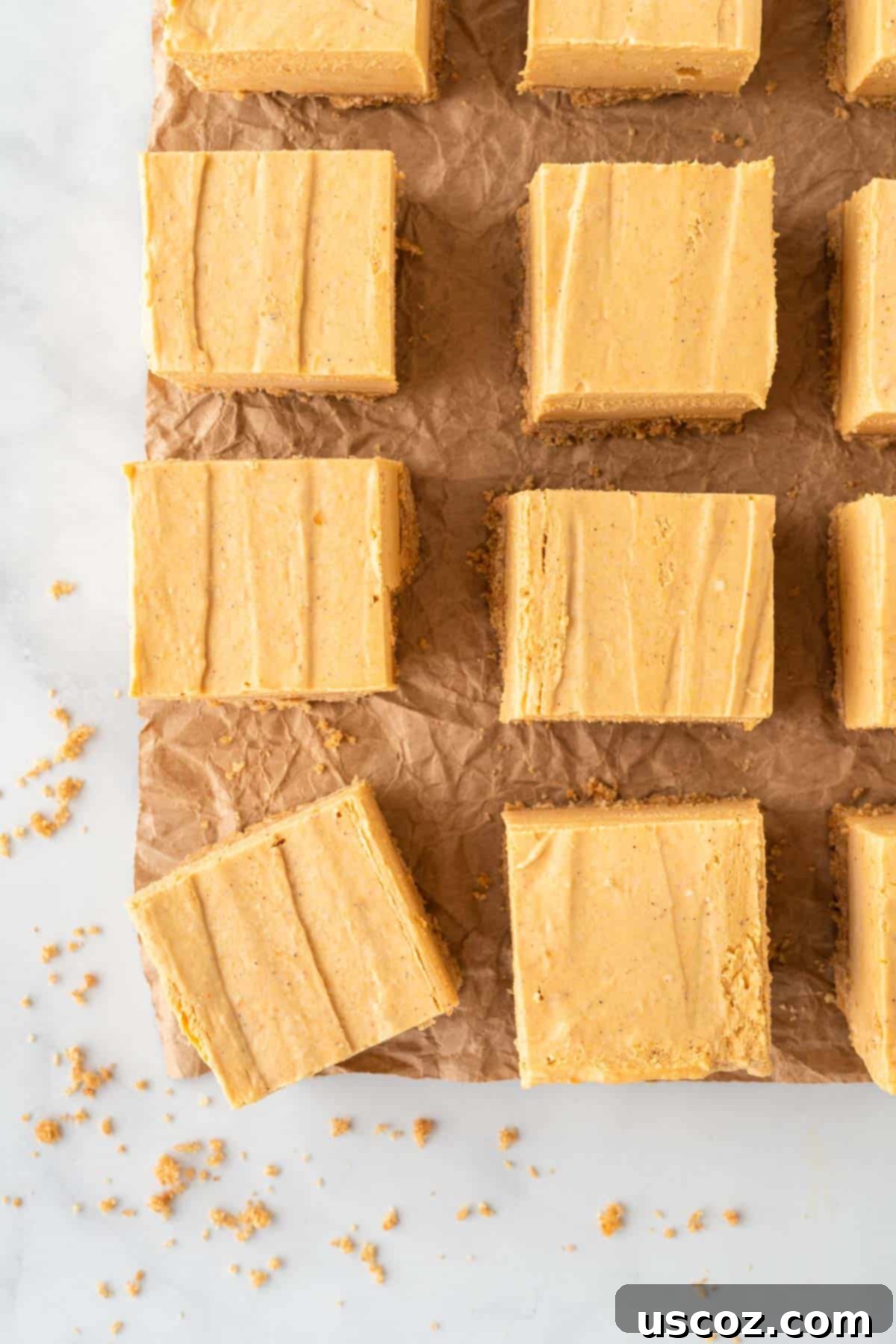 Easy No-Bake Pumpkin Cheesecake Bars 3 perfectly cut pumpkin cheesecake bars arranged in squares on a serving plate