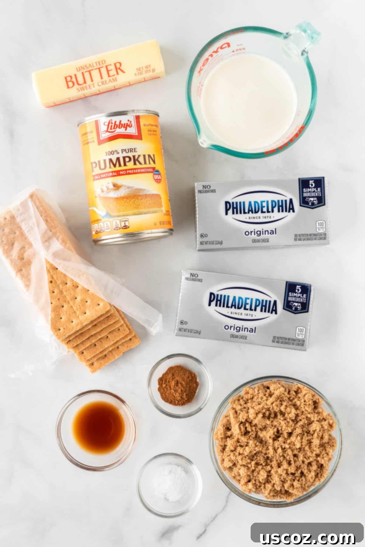 Easy No-Bake Pumpkin Cheesecake Bars 4 ingredients laid out on a counter to make pumpkin cheesecake bars