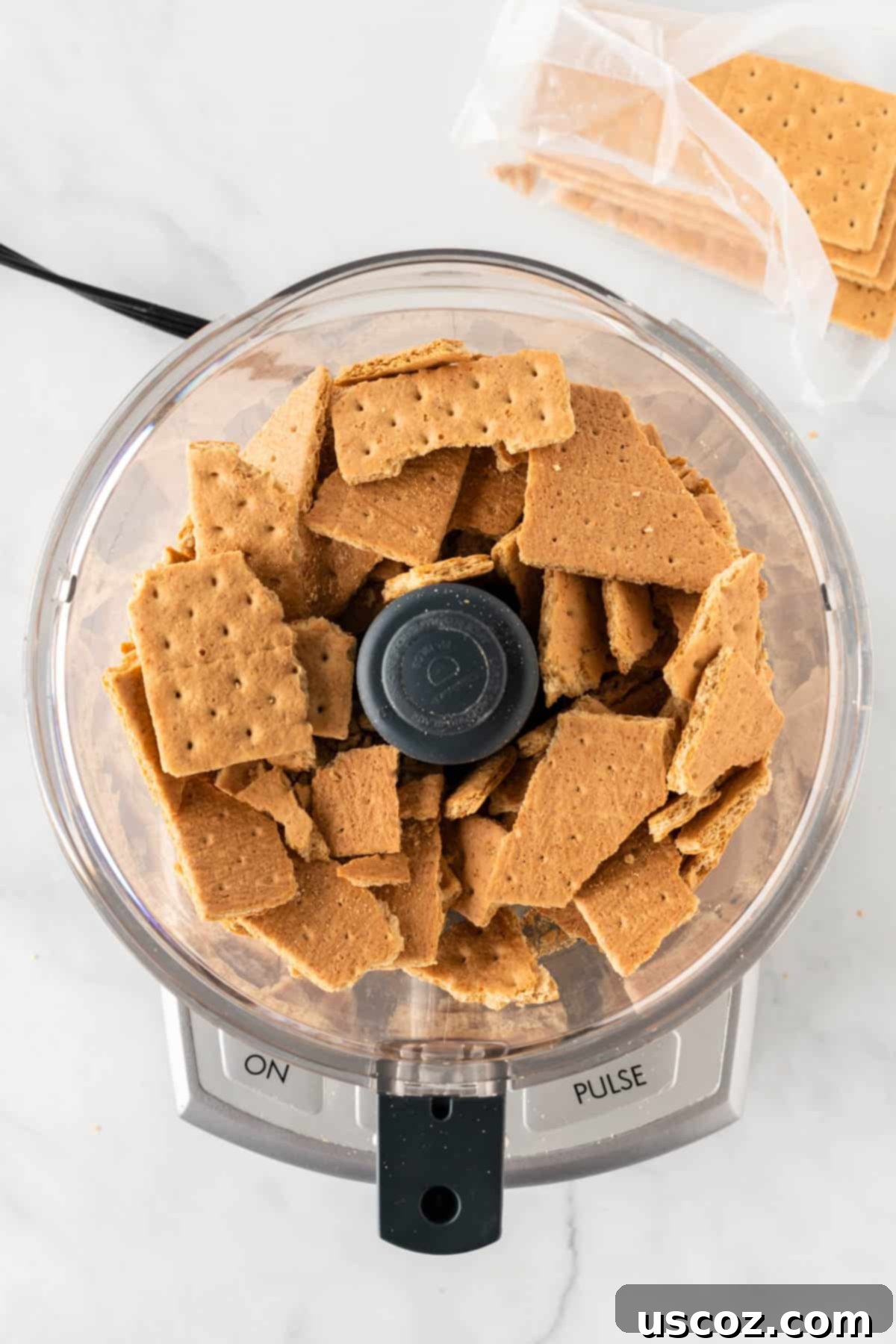 Easy No-Bake Pumpkin Cheesecake Bars 5 whole graham crackers in a food processor, ready to be crushed