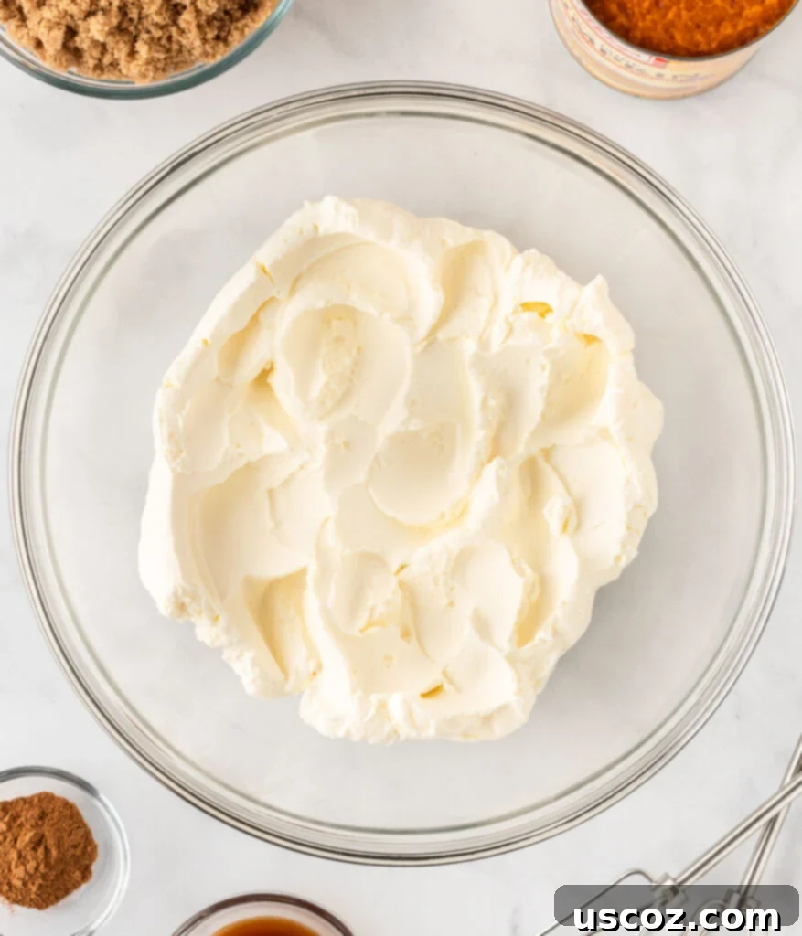 Easy No-Bake Pumpkin Cheesecake Bars 9 softened cream cheese in a mixing bowl being beaten until fluffy
