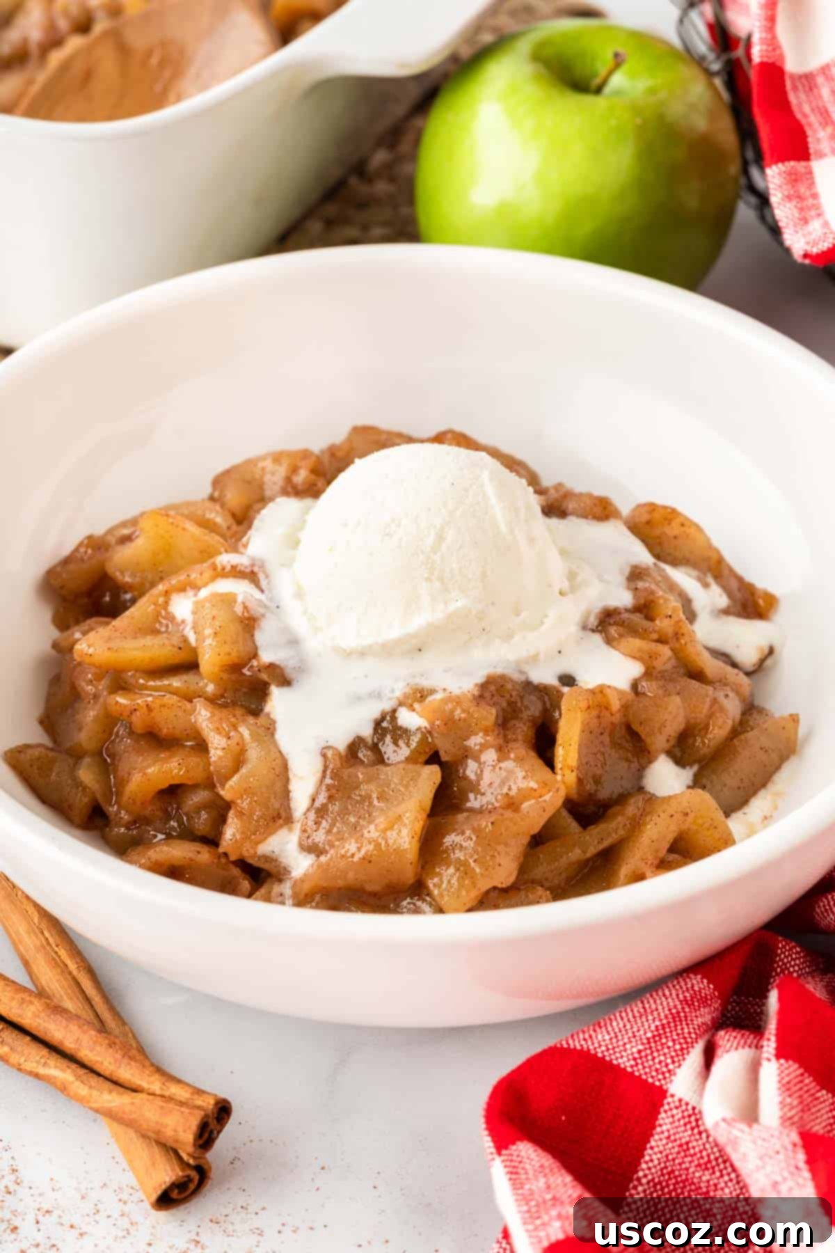Warm Baked Cinnamon Apples 2 Warm baked cinnamon apples in a bowl topped with a melting scoop of vanilla ice cream, ready to be enjoyed.