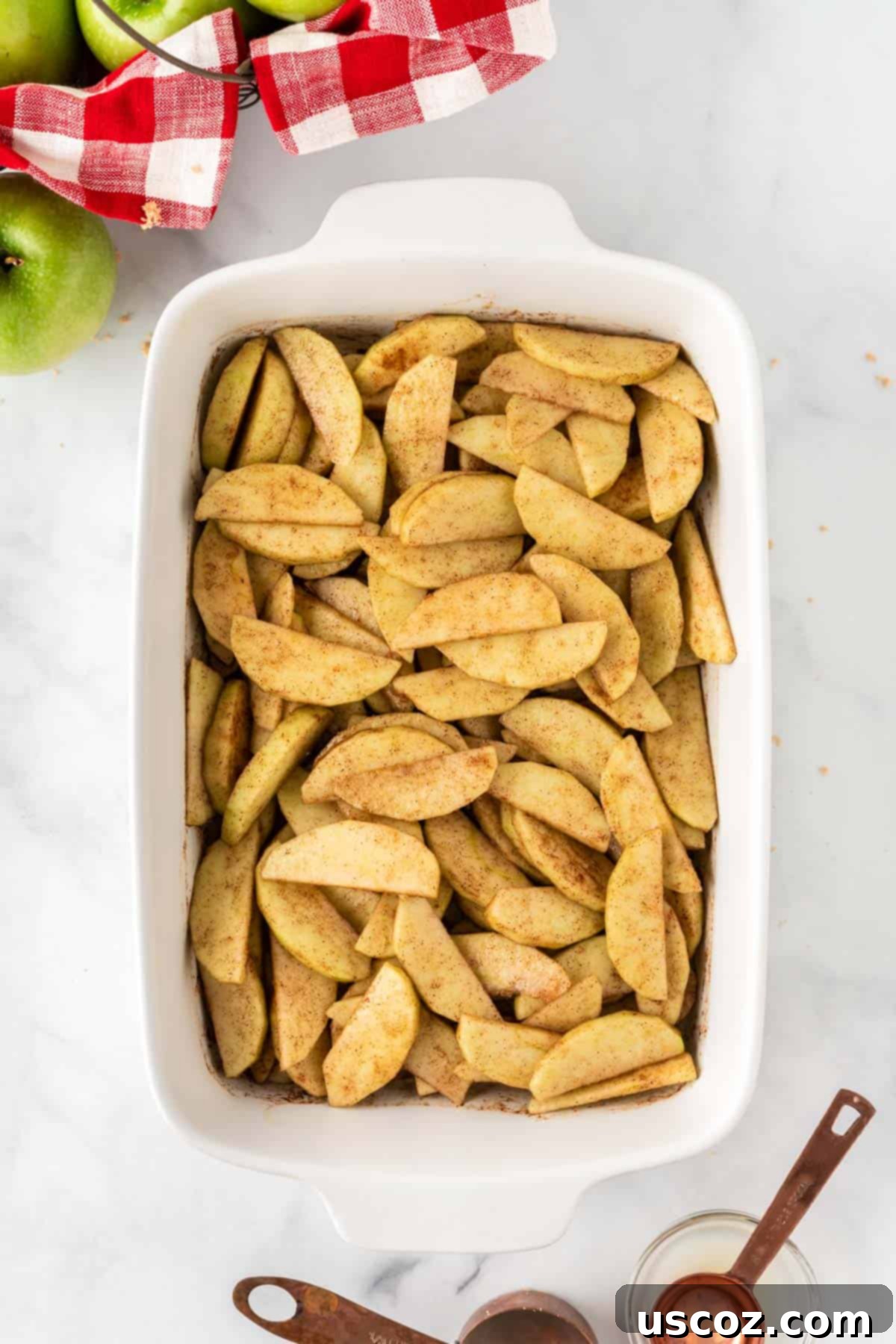 Warm Baked Cinnamon Apples 7 Apple slices thoroughly mixed with brown sugar, cornstarch, cinnamon, and lemon juice, glistening in the baking dish.