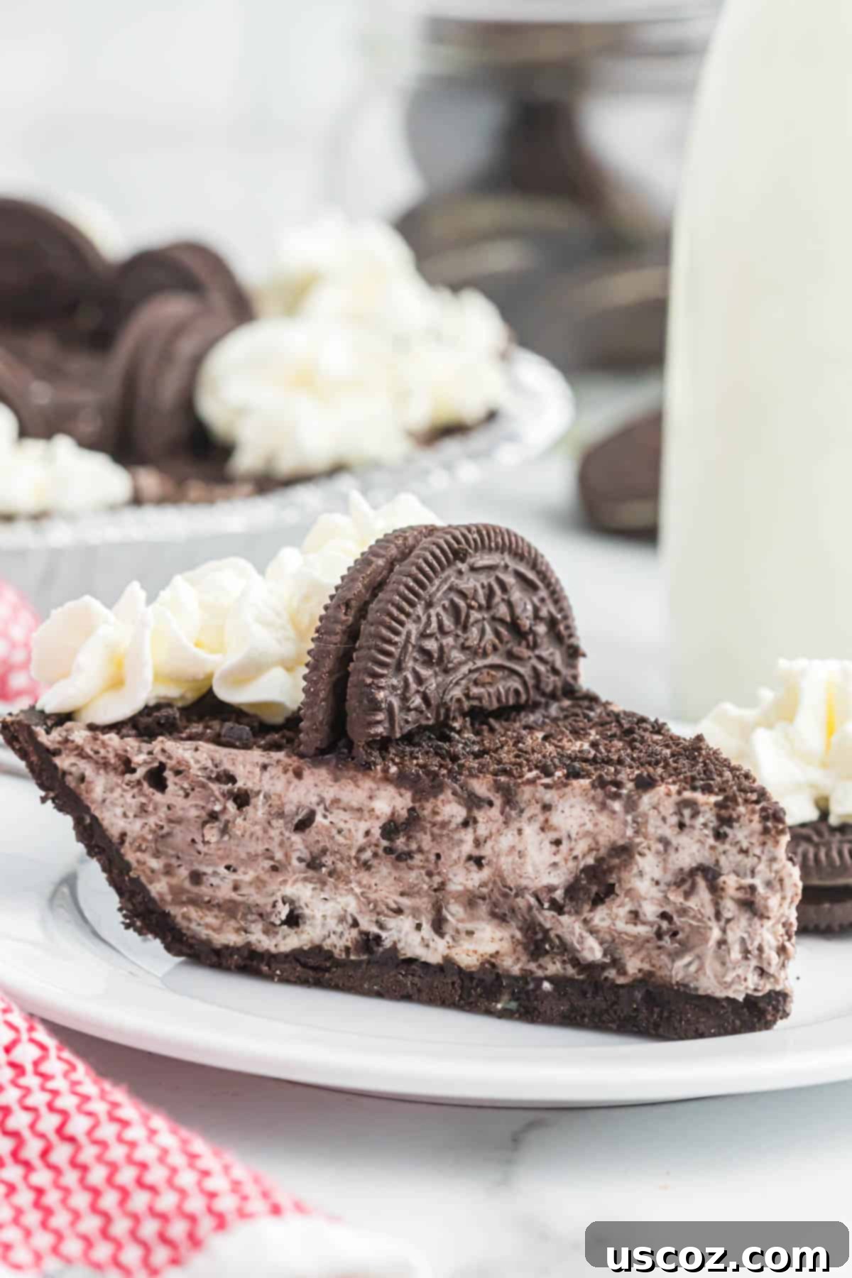 Oreo Bliss Pie 12 A close-up of a single slice of No-Bake Oreo Pie, showing the intricate layers of creamy filling and crushed cookies, with a crisp crust.