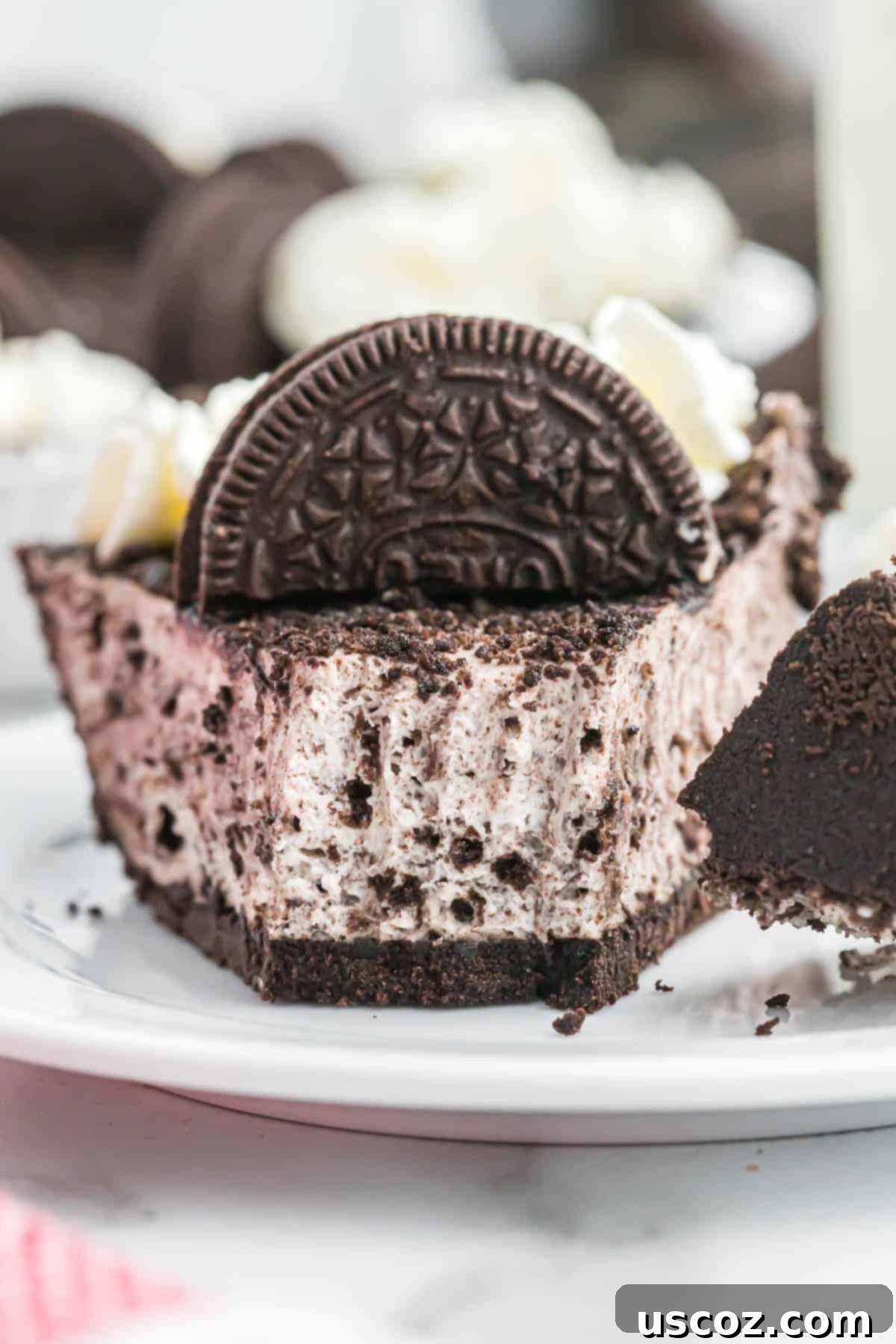 Oreo Bliss Pie 14 A vibrant, close-up shot of a single slice of No-Bake Oreo Pie on a white plate, emphasizing the contrasting layers and crunchy cookie pieces.