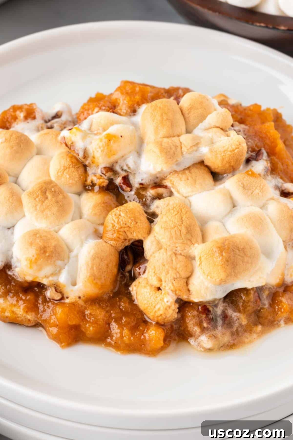 Golden Sweet Potato Marshmallow Bake 20 sweet potato casserole on a plate