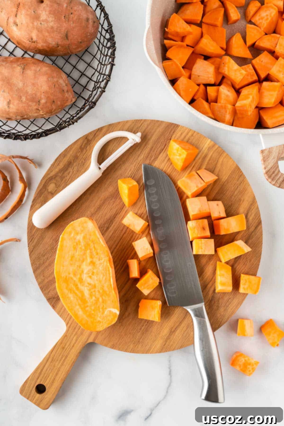 Golden Sweet Potato Marshmallow Bake 5 cutting sweet potatoes into chunks