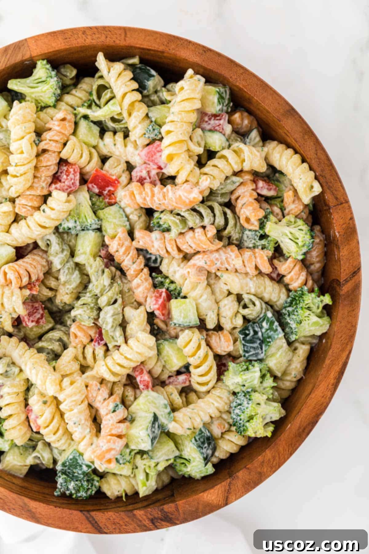 Creamy Ranch Pasta Salad 2 ranch pasta salad in a wooden serving bowl