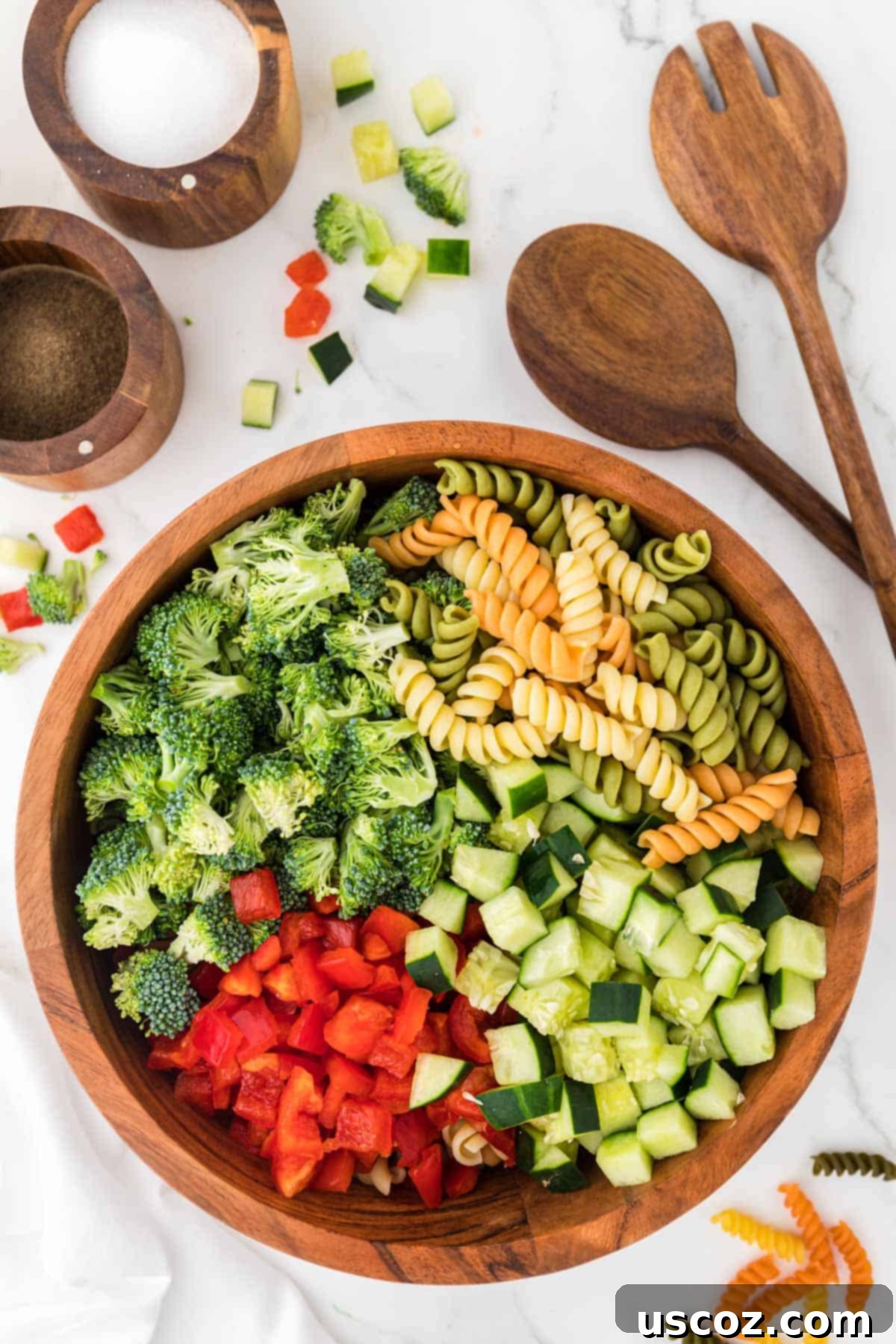 Creamy Ranch Pasta Salad 11 broccoli, bell pepper, and cucumber on top of the rotini