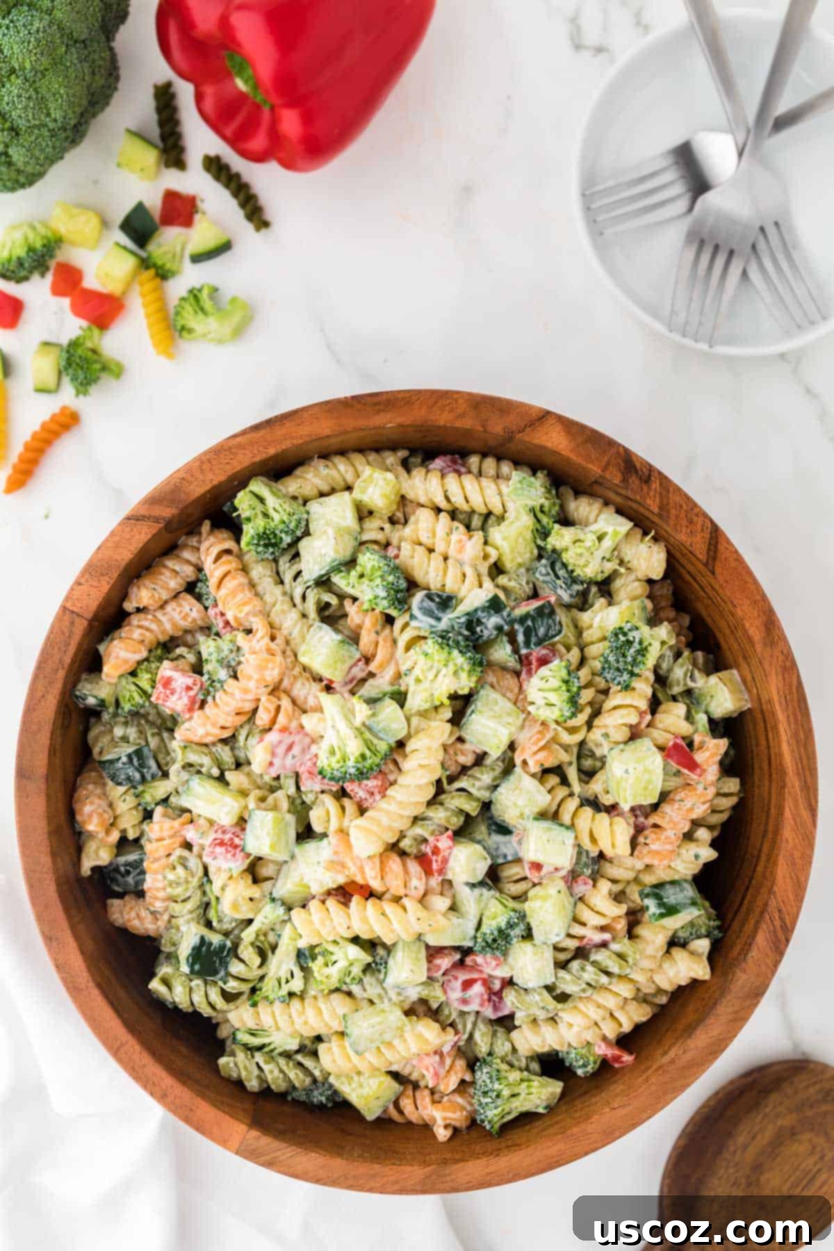 Creamy Ranch Pasta Salad 12 ranch pasta salad in a wooden serving bowl
