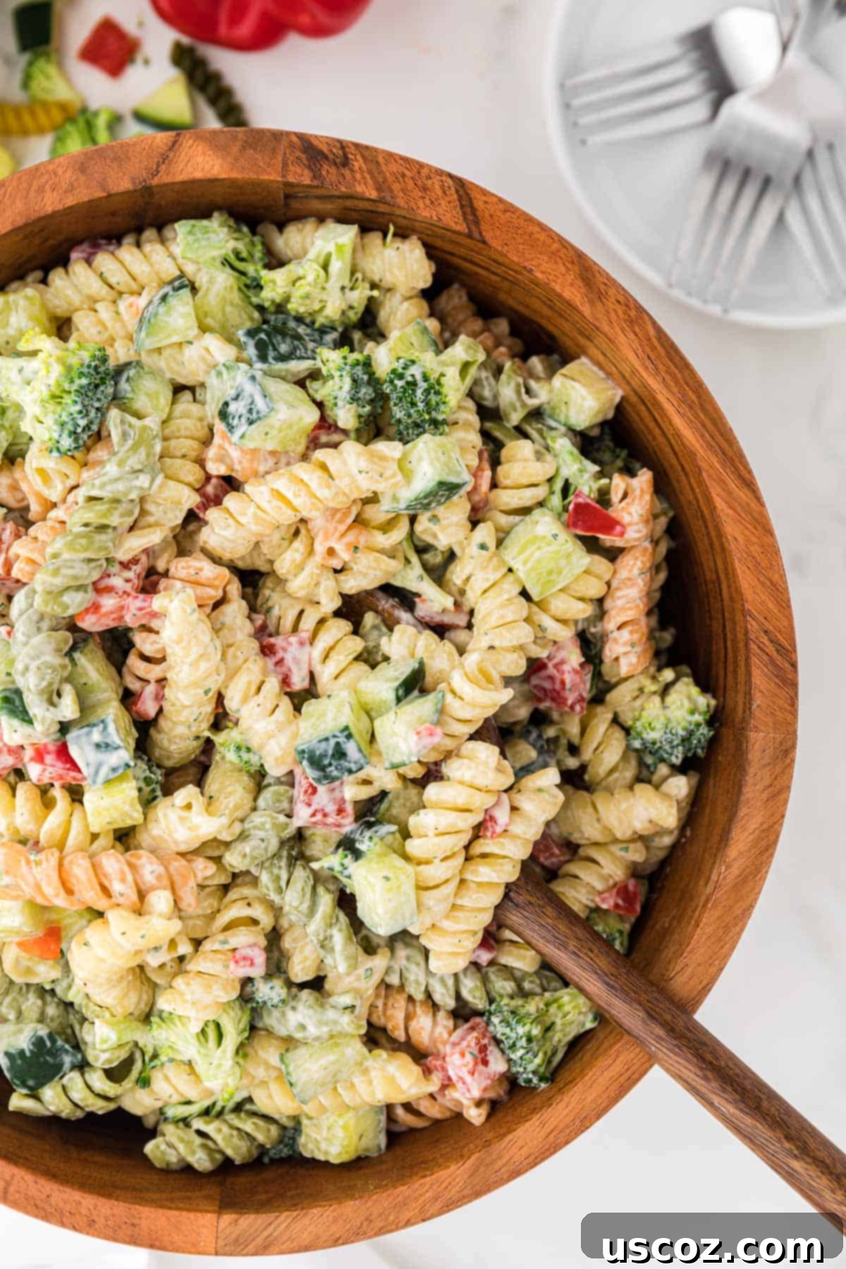 Creamy Ranch Pasta Salad 14 ranch pasta salad in a wooden serving bowl