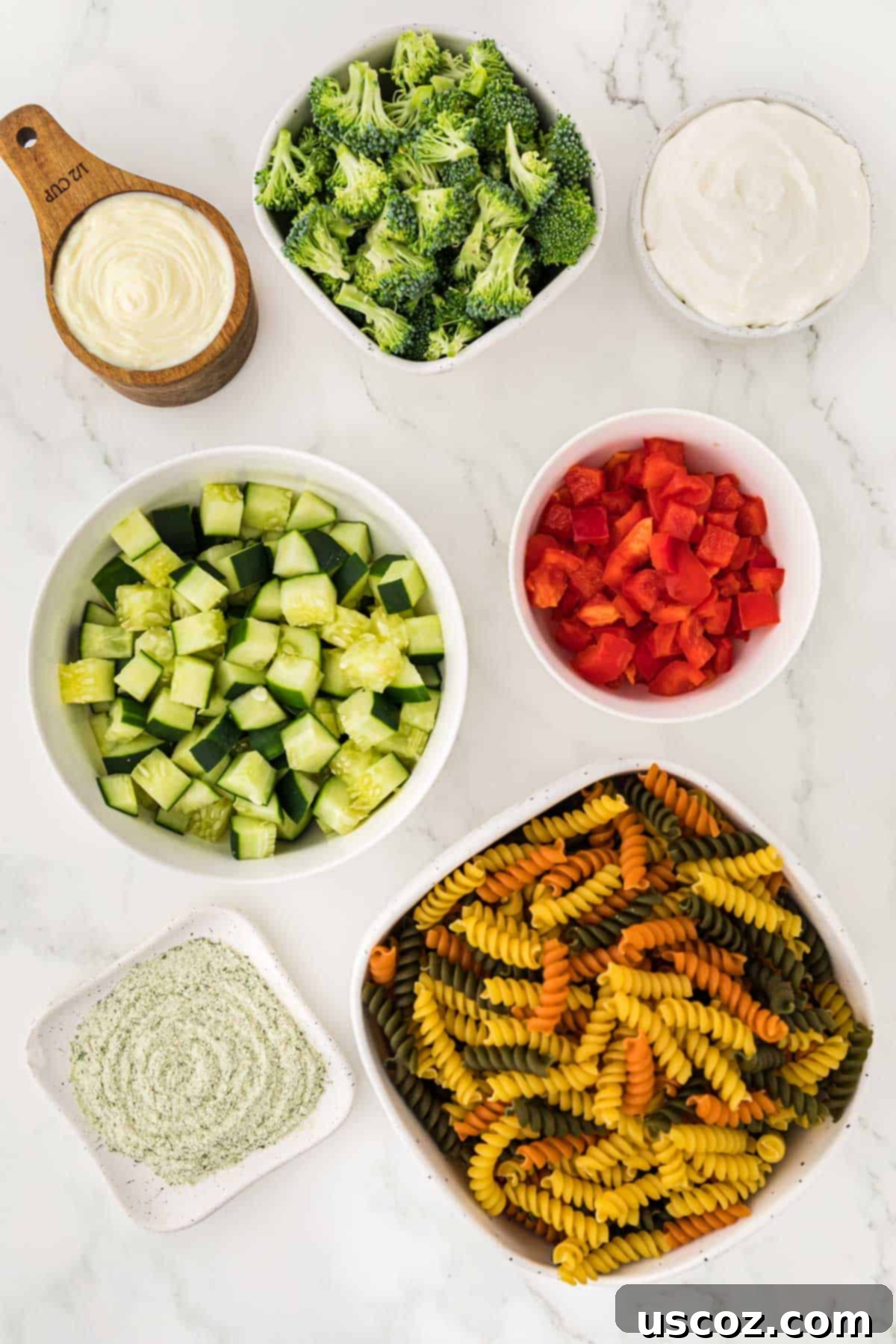 Creamy Ranch Pasta Salad 4 ingredients needed to make ranch pasta salad