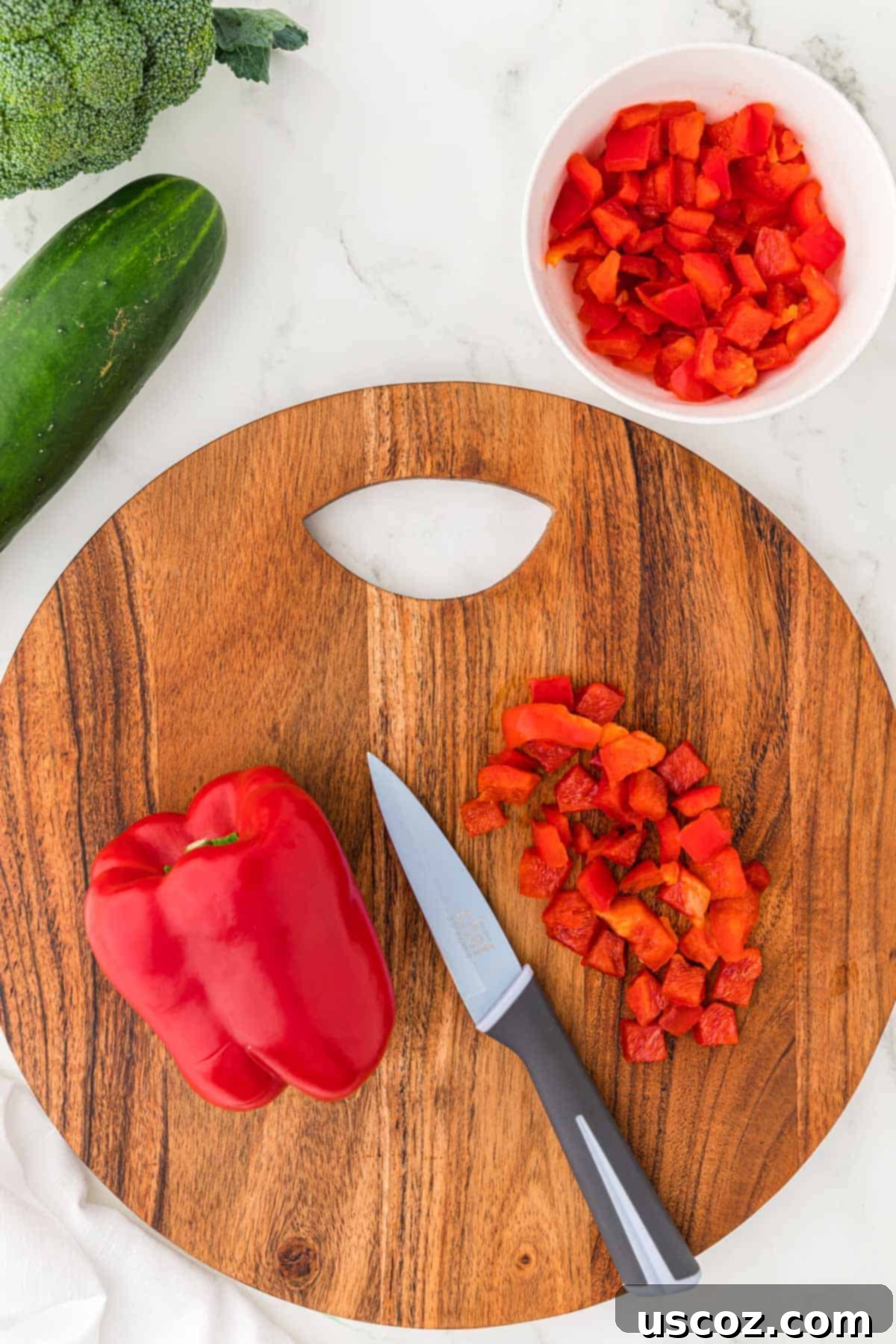 Creamy Ranch Pasta Salad 6 dicing up a red bell pepper