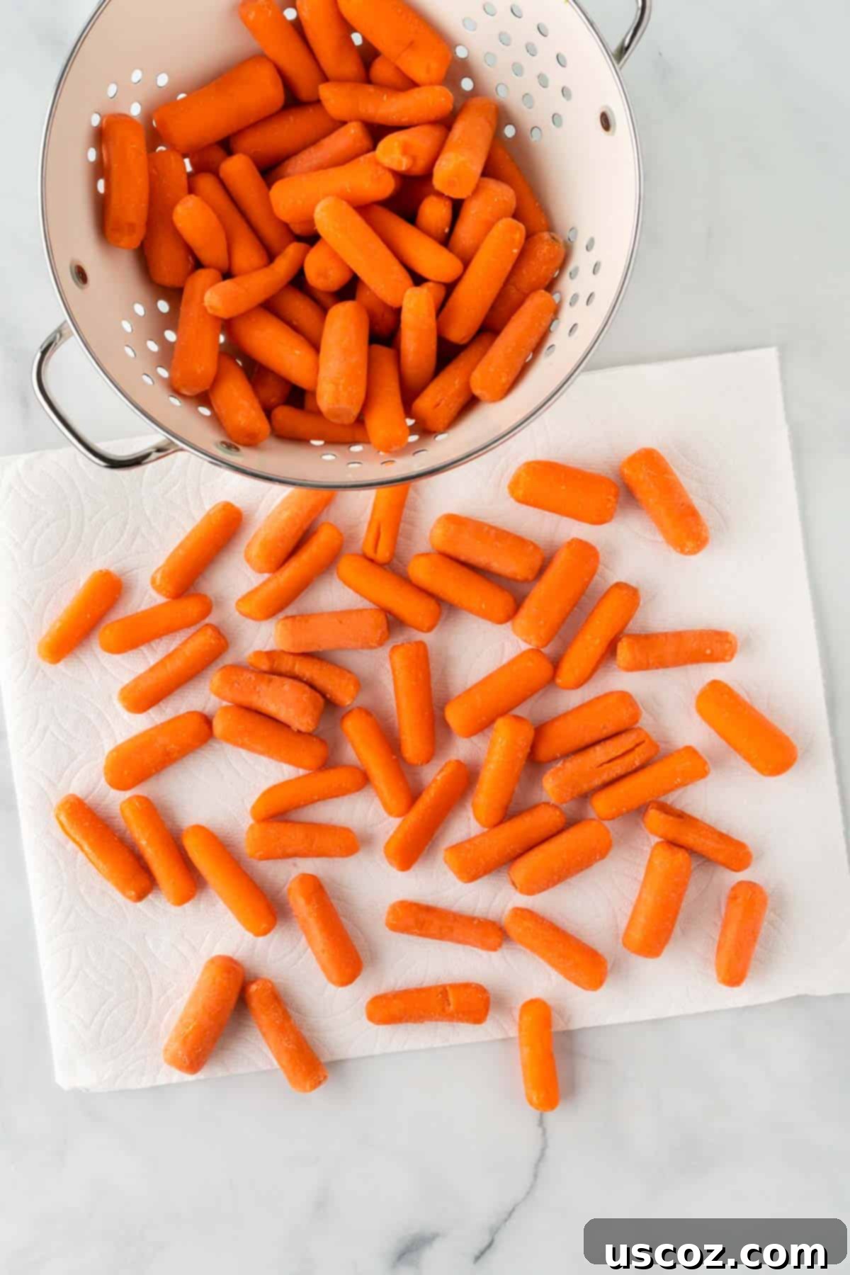 Sweet & Sticky Honey Brown Sugar Carrots 5 drying baby carrots on a paper towel