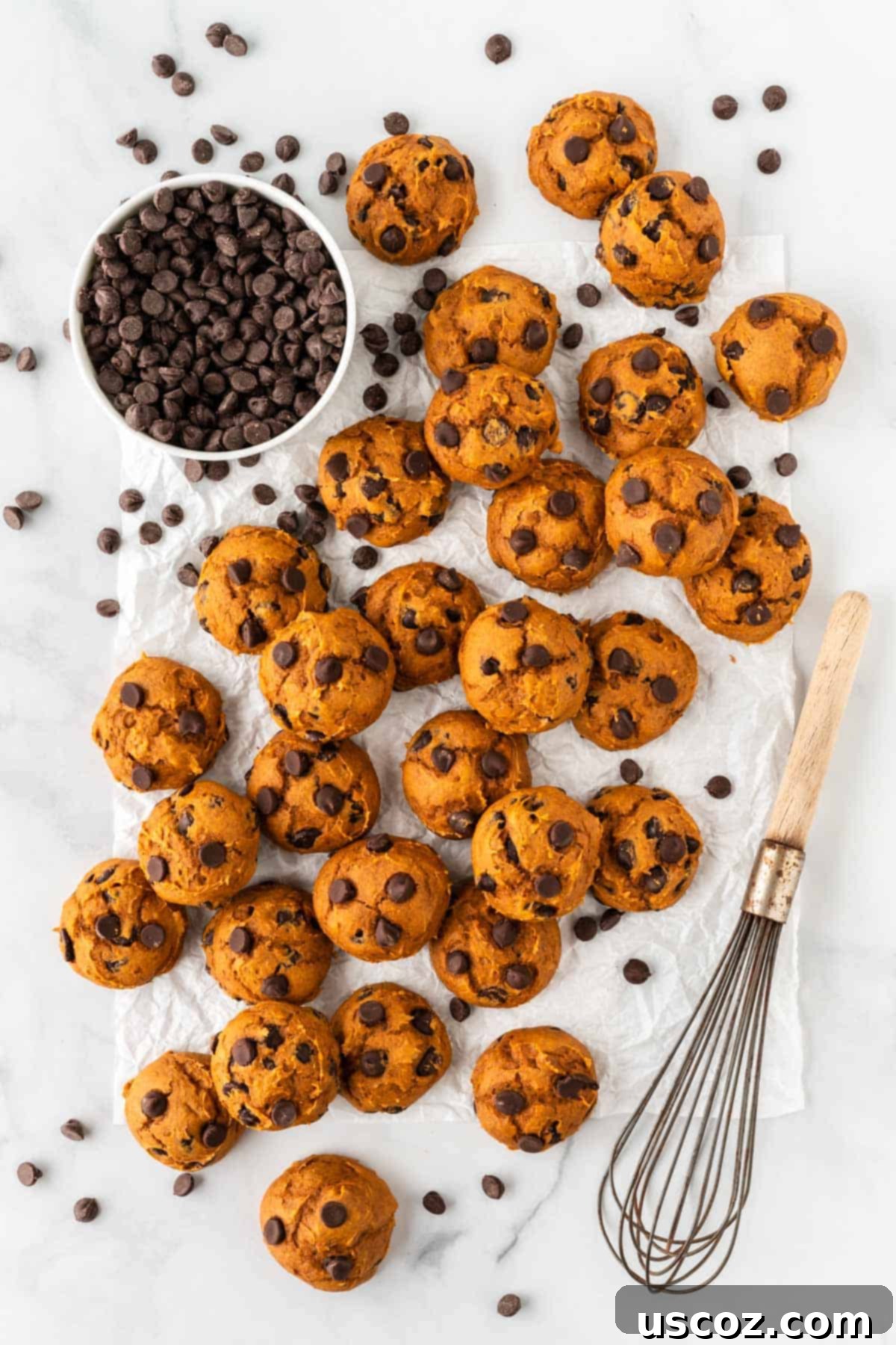 Easy Pumpkin Cake Mix Cookies 14 pumpkin chocolate chip cookies on a white plate