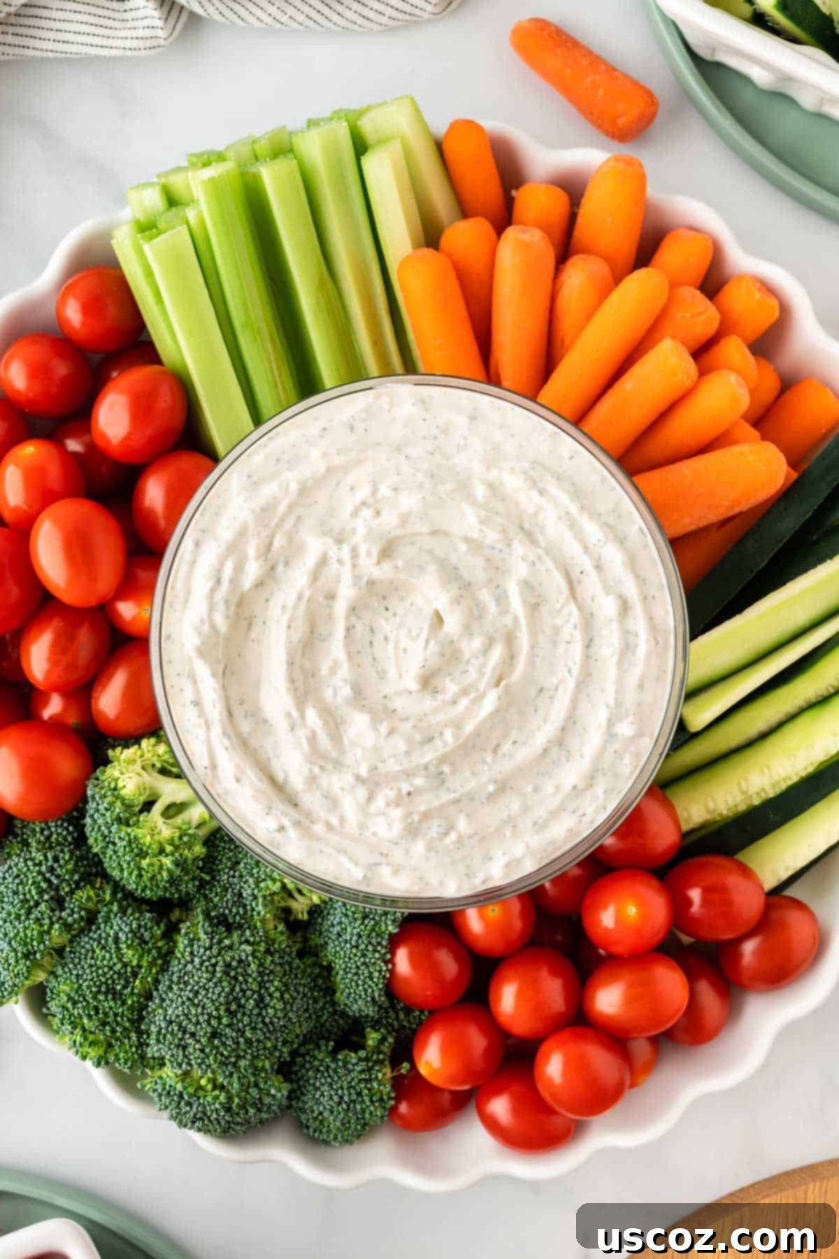 Garden Fresh Dip 2 A bowl of creamy veggie dip surrounded by a colorful assortment of fresh vegetables including broccoli florets, bright red cherry tomatoes, crisp celery sticks, and sweet baby carrots, ready for dipping.