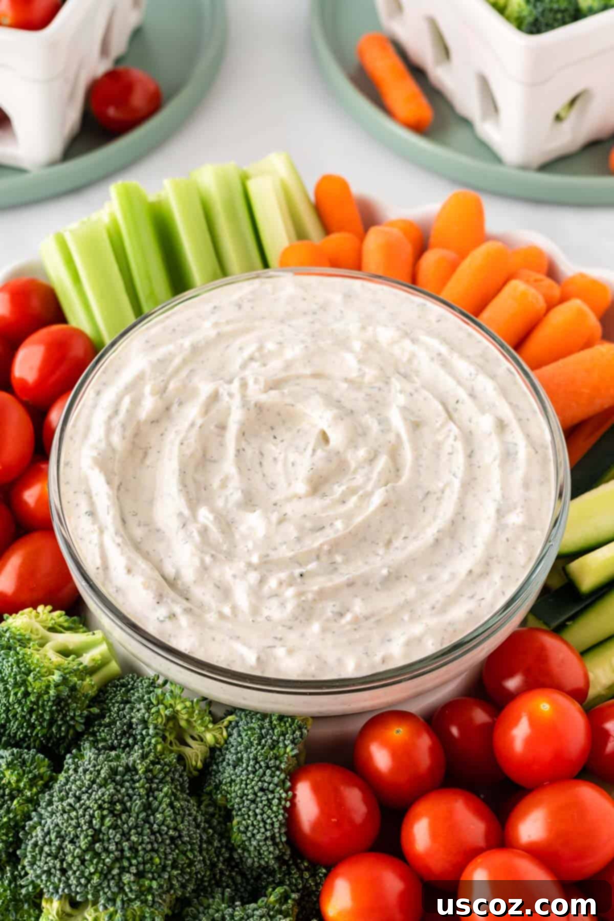Garden Fresh Dip 12 A beautifully presented bowl of creamy homemade veggie dip surrounded by a colorful assortment of fresh vegetables including broccoli, cherry tomatoes, celery, and baby carrots, inviting guests to enjoy.