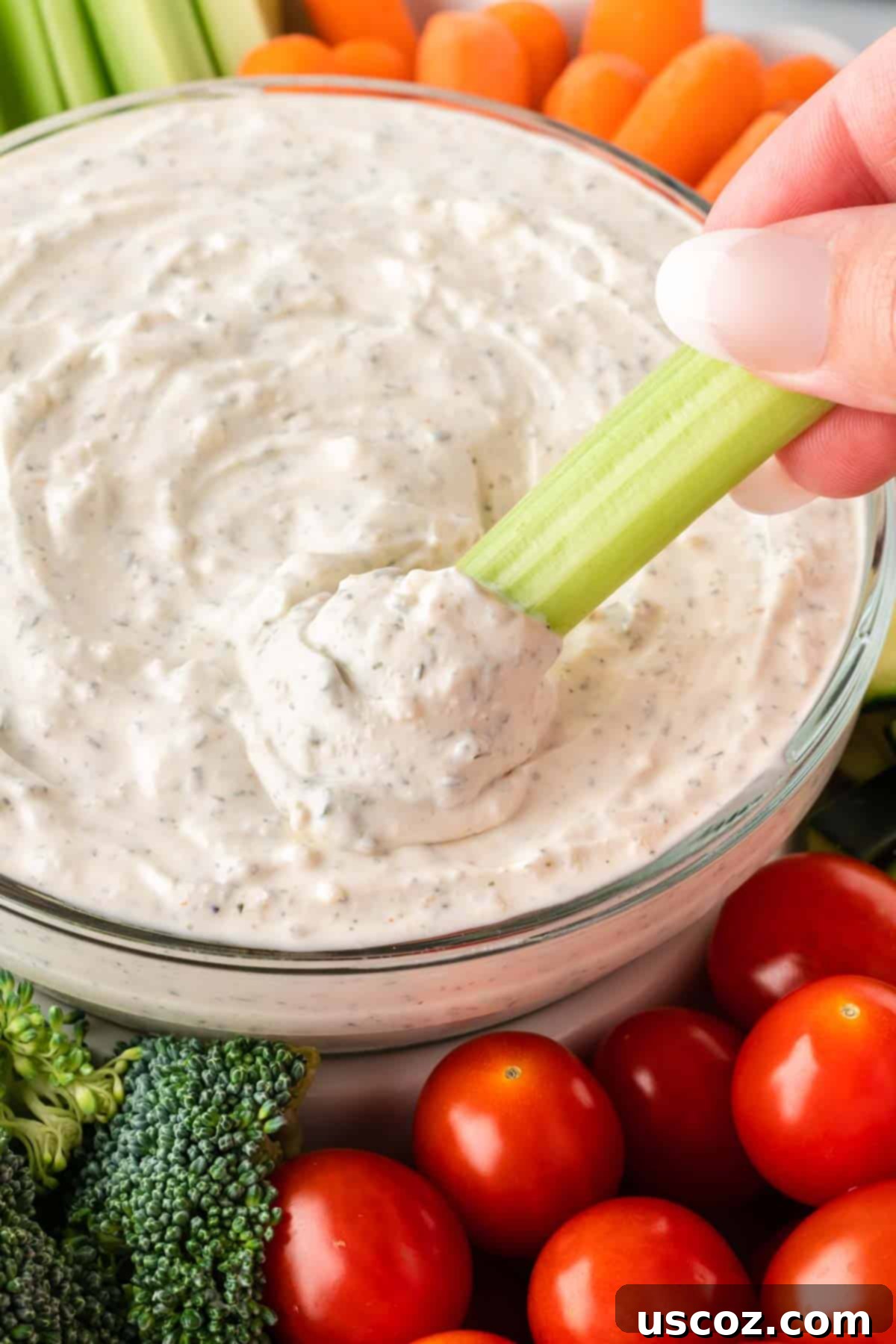 Garden Fresh Dip 3 A close-up shot of a celery stick being dipped into a creamy, herb-flecked homemade veggie dip, highlighting its smooth texture and inviting consistency.
