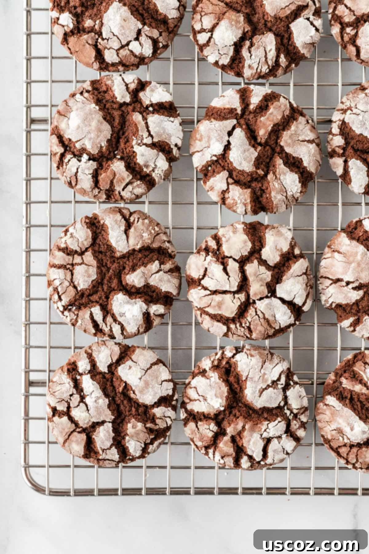 Irresistible Cake Mix Crinkles 11 chocolate crinkle cookies on a wire cooling rack