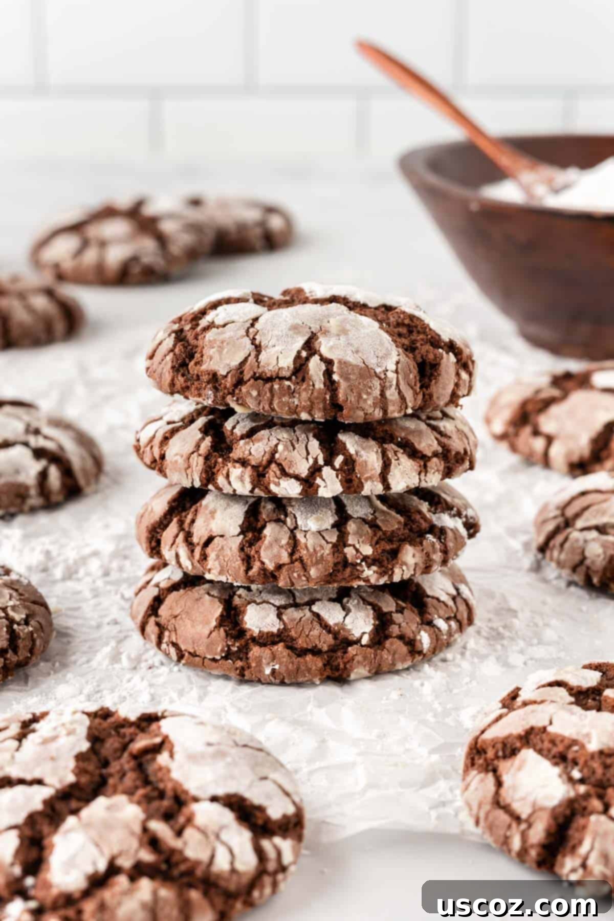 Irresistible Cake Mix Crinkles 16 cake mix crinkle cookies stacked