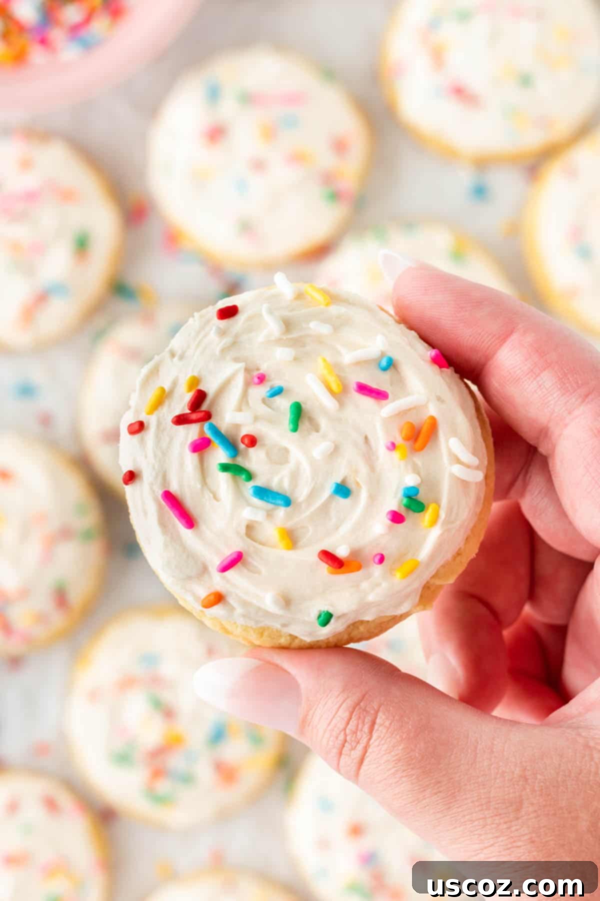 Effortless Cake Mix Sugar Cookies 15 holding a frosted sugar cookie