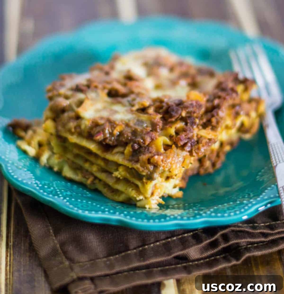 Delicious slice of meaty vegetarian lasagna on a plate
