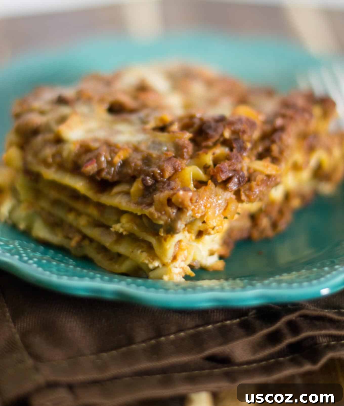 Close-up of baked meaty vegetarian lasagna in a casserole dish