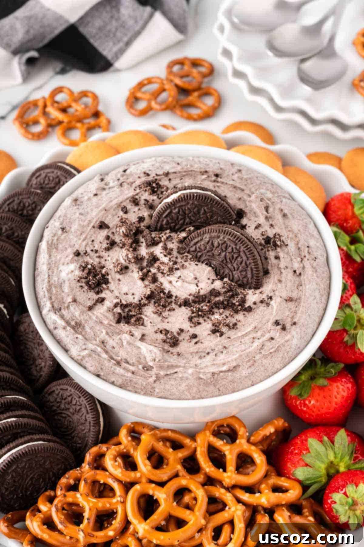 Creamy Oreo Dip 2 Oreo dip in a bowl, ready to be served at a party