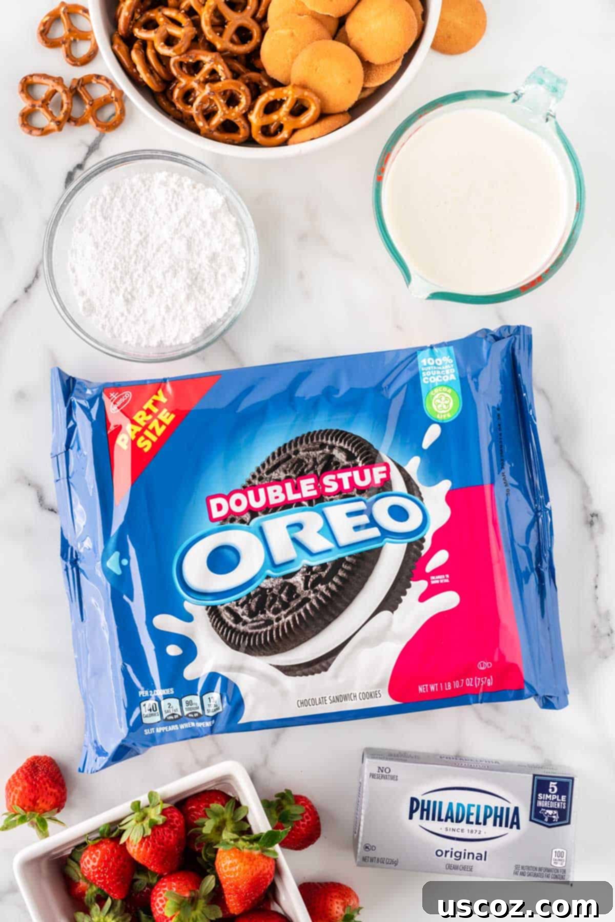 Creamy Oreo Dip 4 All the simple ingredients laid out for making Oreo dip