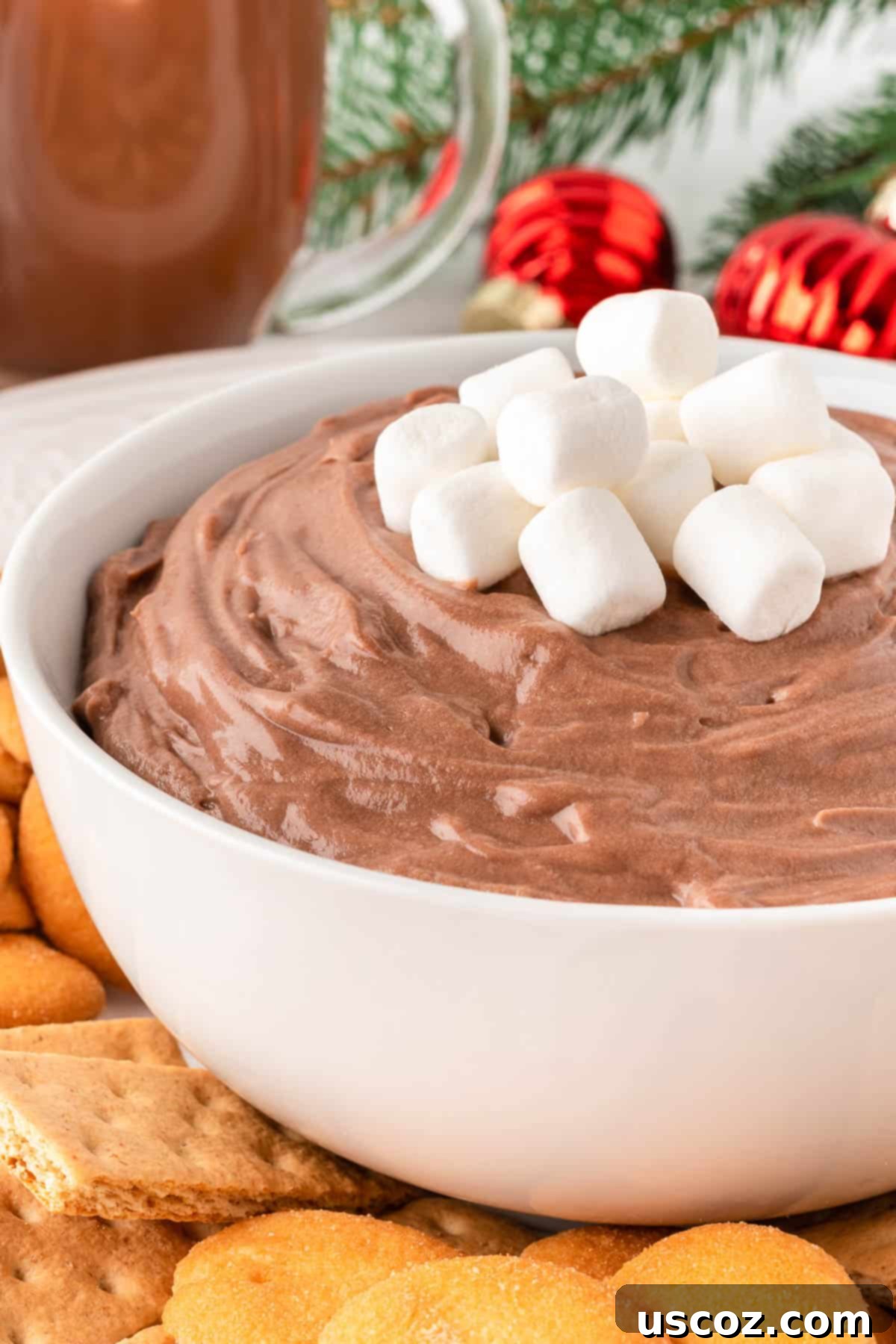Cozy Chocolate Dip 12 Close-up of fluffy hot chocolate dip topped with mini marshmallows, showcased in a serving bowl.