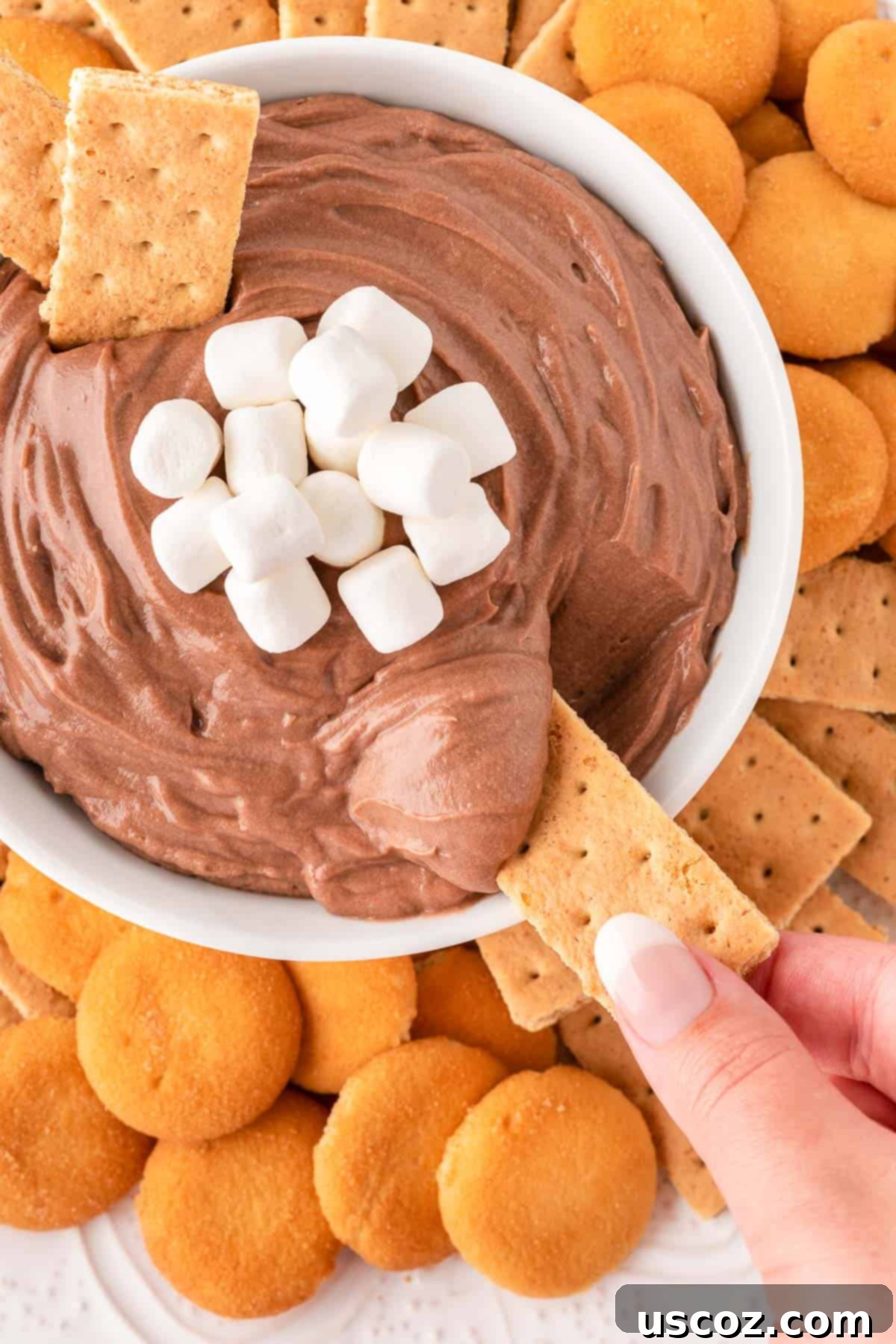 Cozy Chocolate Dip 13 A hand dipping a graham cracker into the creamy hot chocolate dip, topped with mini marshmallows.