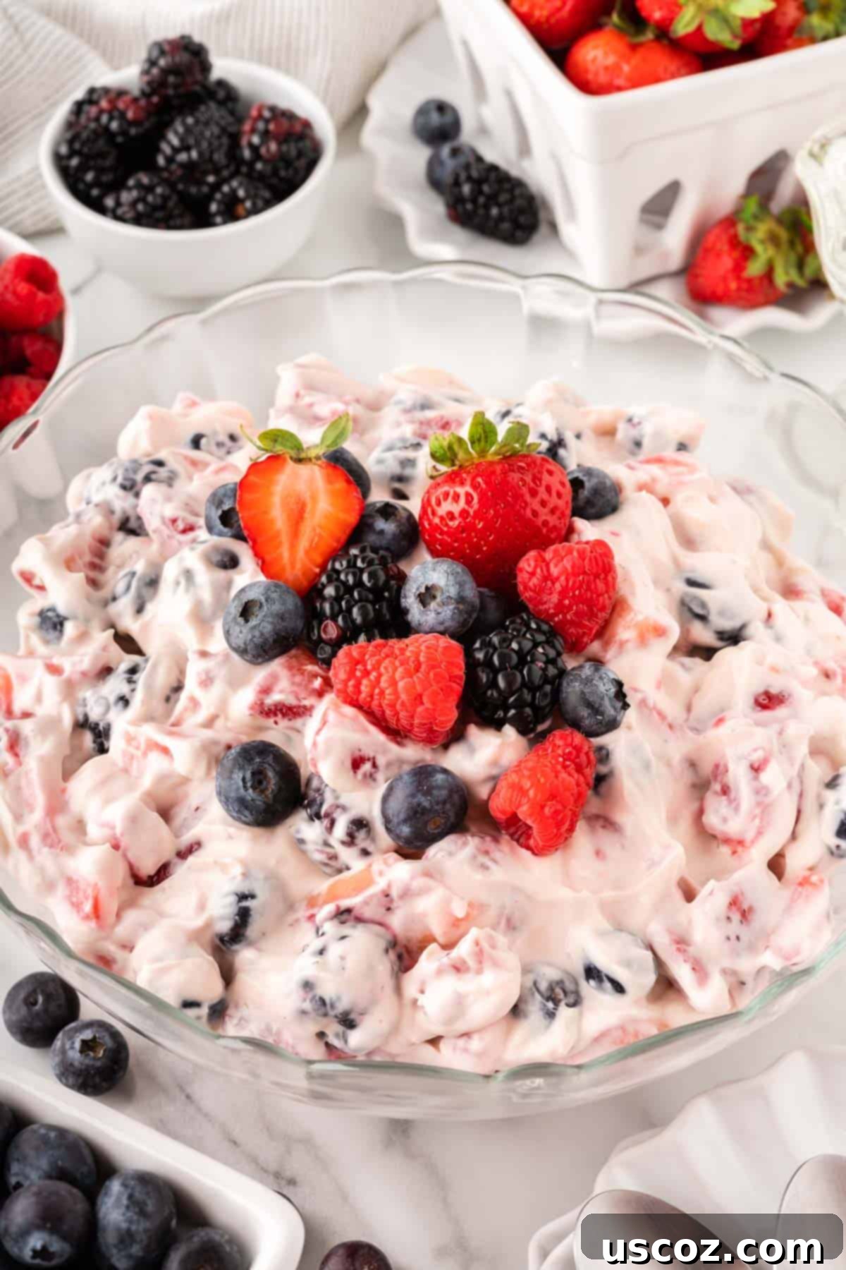 Creamy Cheesecake Fruit Delight 2 cheesecake salad topped with berries