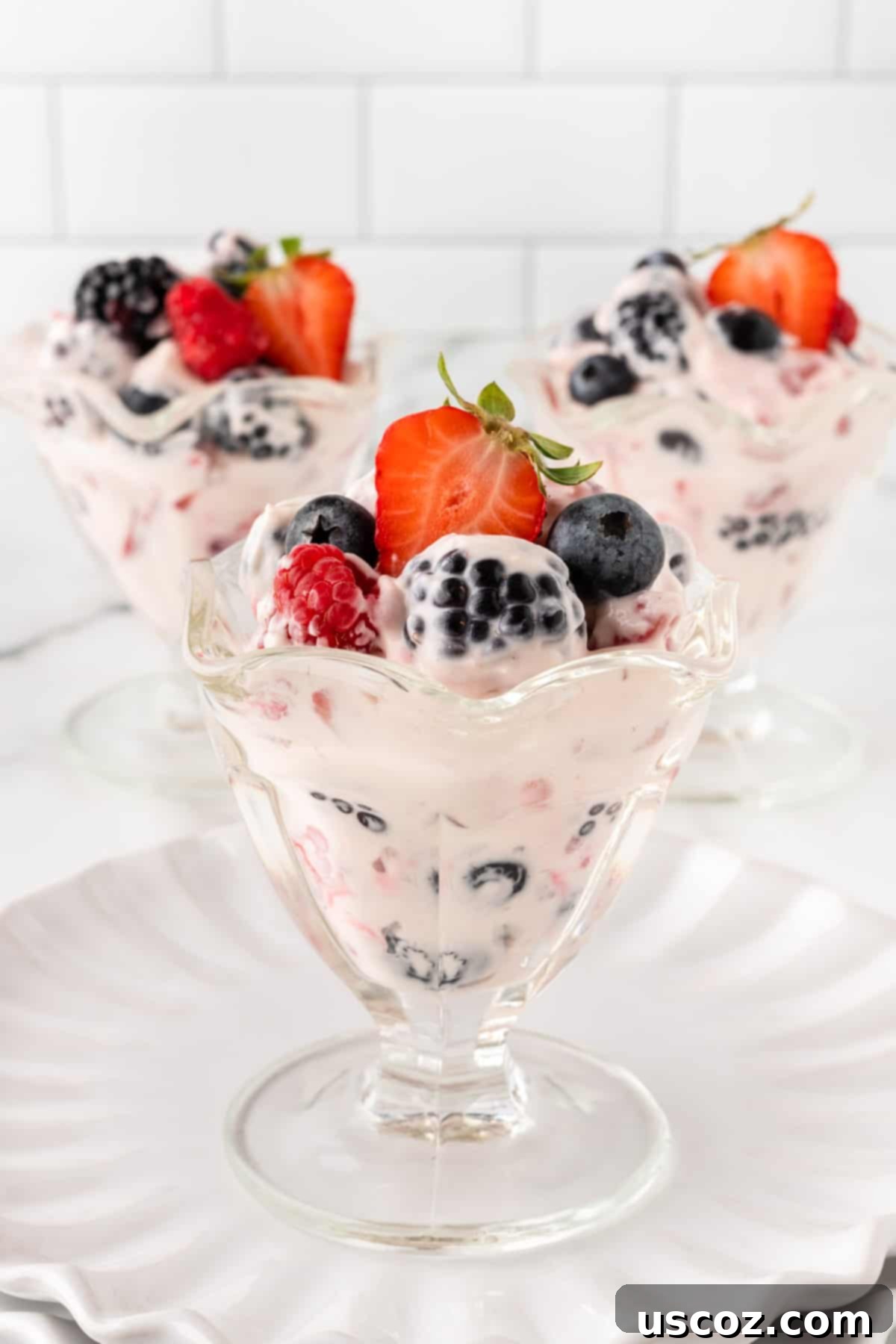 Creamy Cheesecake Fruit Delight 13 cheesecake salad in serving parfait cups