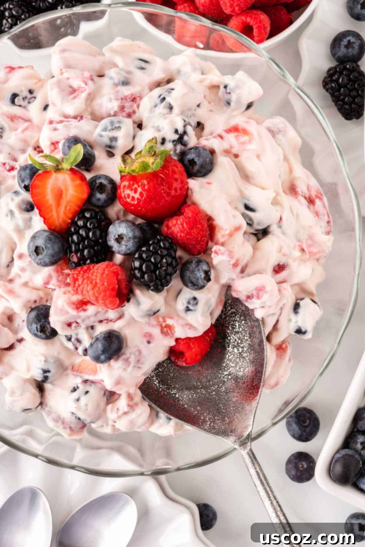 Creamy Cheesecake Fruit Delight 14 serving spoon taking a scoop of cheesecake salad