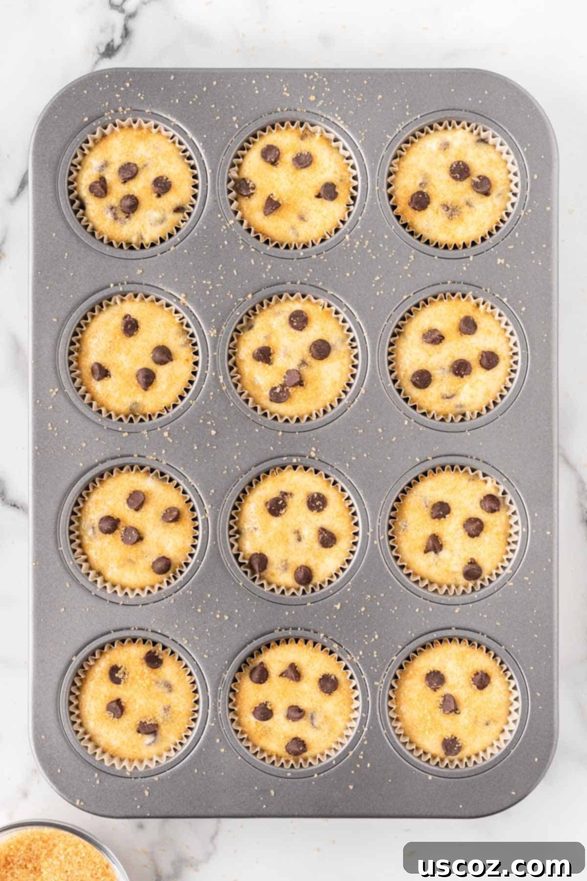 Perfect Bakery Style Chocolate Chip Muffins 13 Coarse sugar being sprinkled on top of chocolate chip muffin batter in a tin for a crackly crust