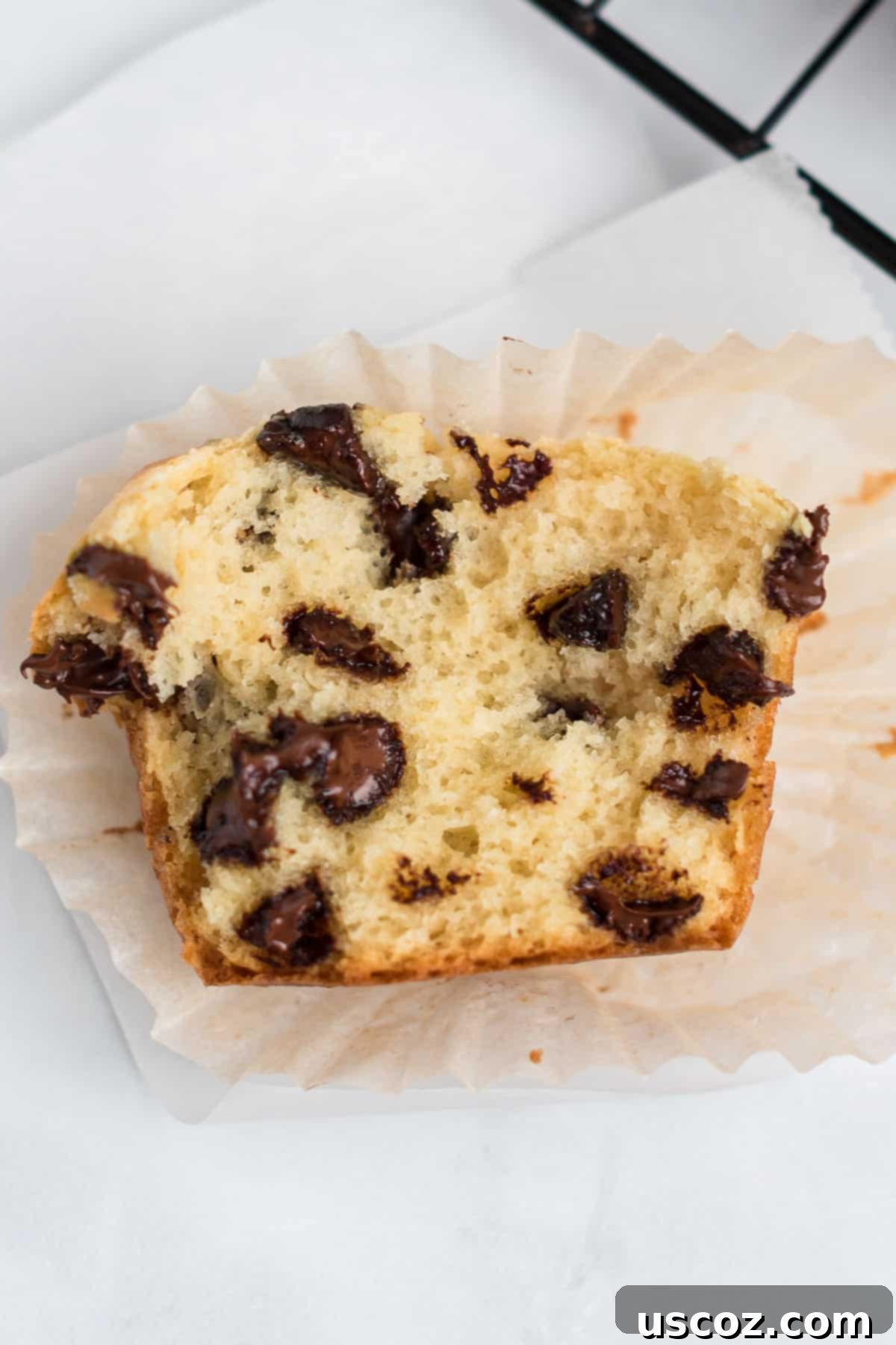 Perfect Bakery Style Chocolate Chip Muffins 3 A perfectly baked, domed chocolate chip muffin, showing its moist texture and chocolate chips