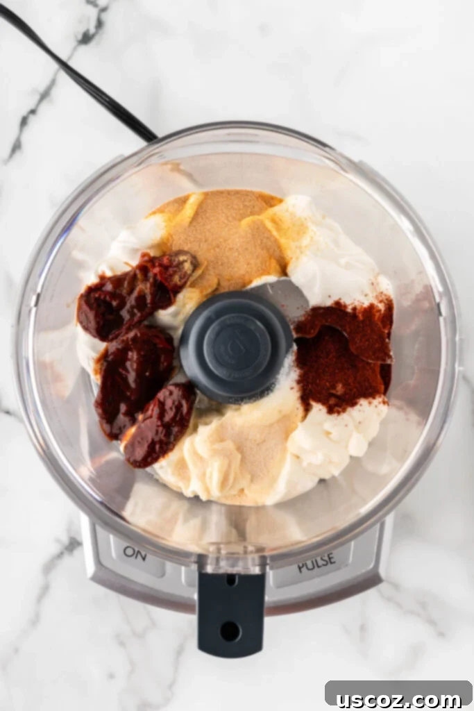 Smoky Ranch Kick 5 chipotle dressing ingredients in a food processor