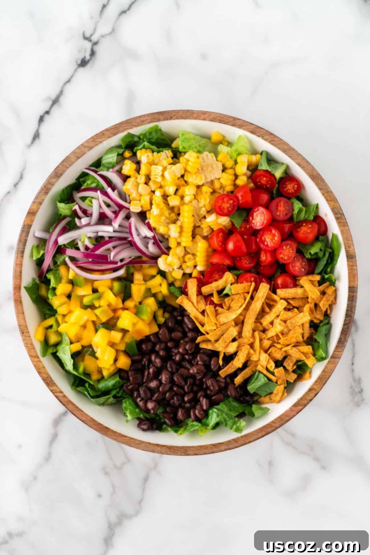 Southwest Fiesta Salad 7 romaine lettuce topped with corn, bell pepper, cherry tomatoes, red onion, black beans, and tortilla strips