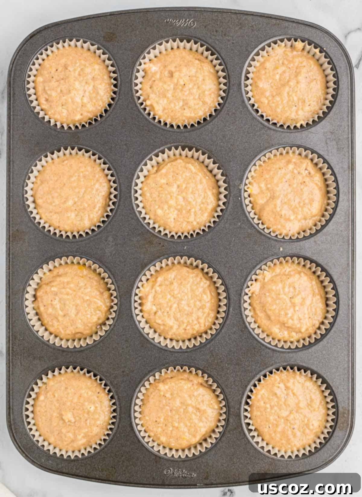 Homestyle Applesauce Muffins 9 Unbaked applesauce muffin batter neatly divided into a lined 12-cup muffin tin, ready for the oven.