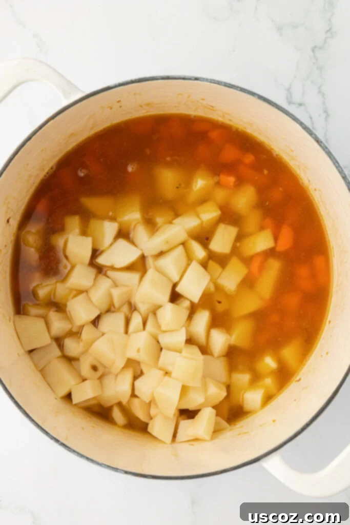Velvet Veggie Delight 11 A pot of vegetables simmering in broth, with potatoes and carrots visibly softening, forming the flavorful base of the soup.