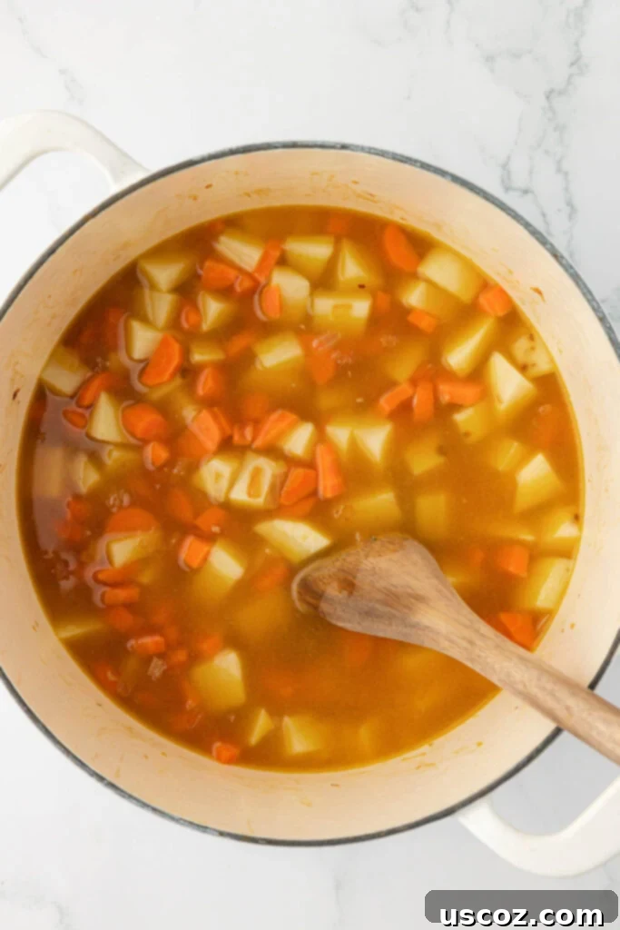 Velvet Veggie Delight 12 A ladle gently stirring the simmering vegetables into the broth, ensuring even cooking and flavor distribution.