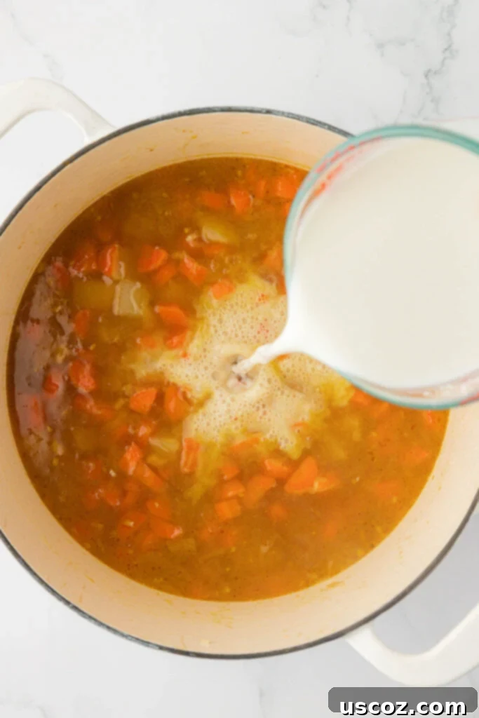 Velvet Veggie Delight 13 A stream of milk being carefully poured into the vegetable soup, preparing for the thickening process.