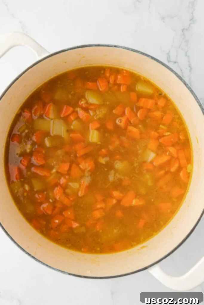 Velvet Veggie Delight 14 Vegetables gently simmering in the creamy soup base, indicating the thickening process is underway.