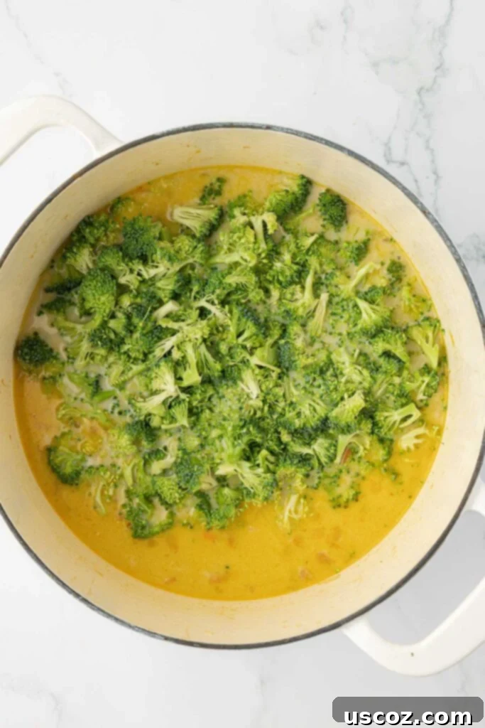 Velvet Veggie Delight 15 Freshly diced broccoli florets being added to the simmering creamy vegetable soup, enriching its flavor and color.