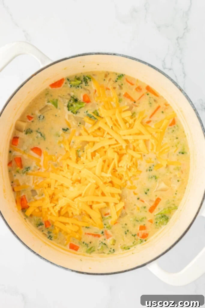 Velvet Veggie Delight 17 Generous amount of freshly grated sharp cheddar cheese being added to the hot vegetable soup, ready to melt into a creamy, flavorful broth.