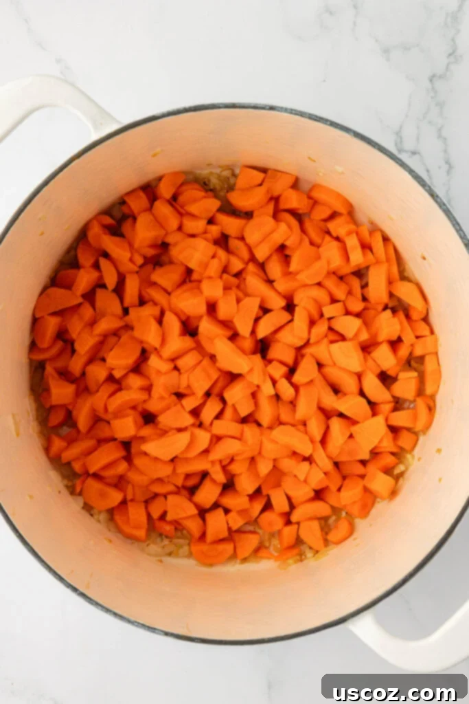 Velvet Veggie Delight 7 Freshly diced carrots being added to a Dutch oven with sautéed onions and garlic, beginning the next layer of flavor for the soup.